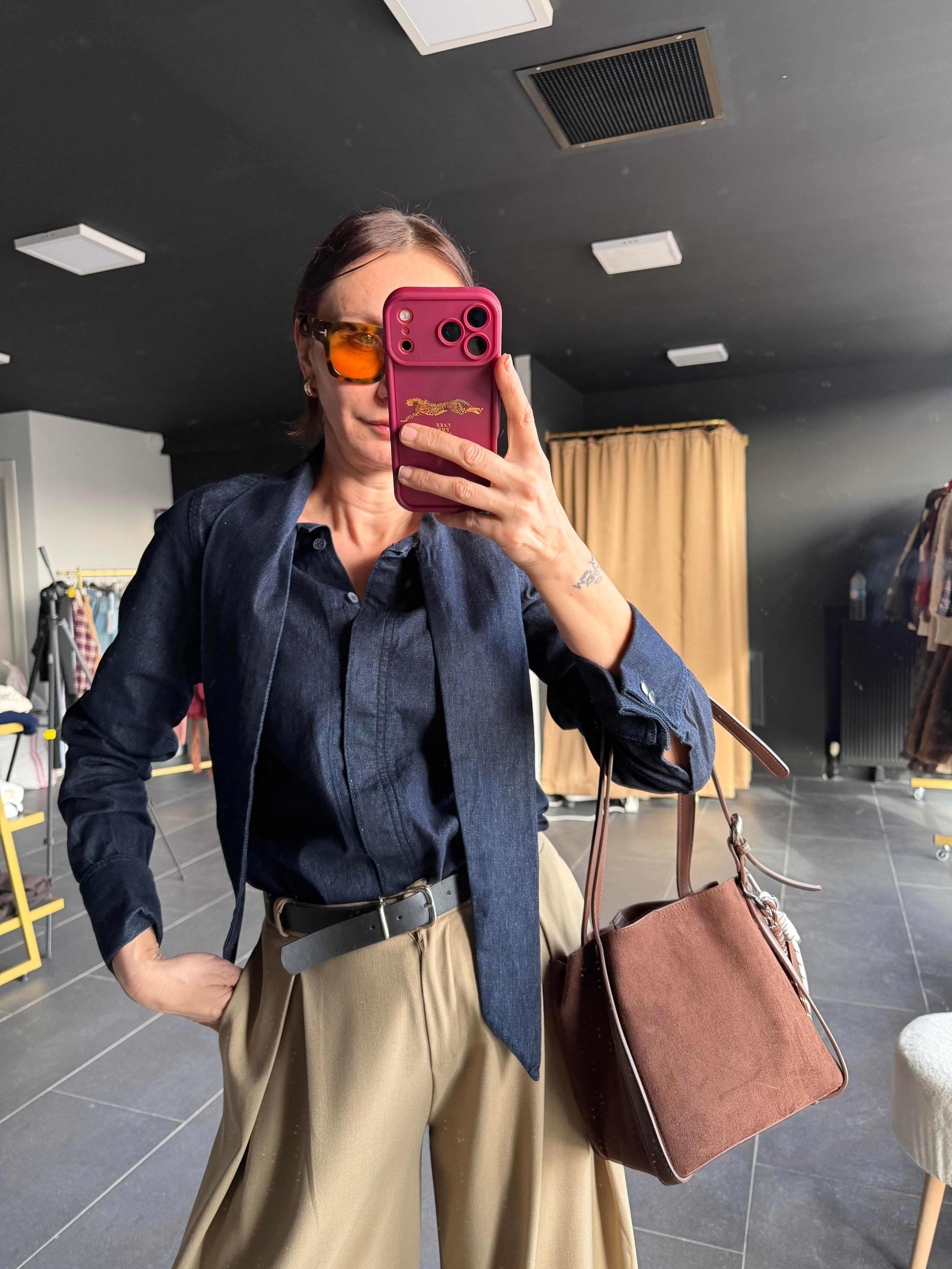 Fularlı Denim Gömlek