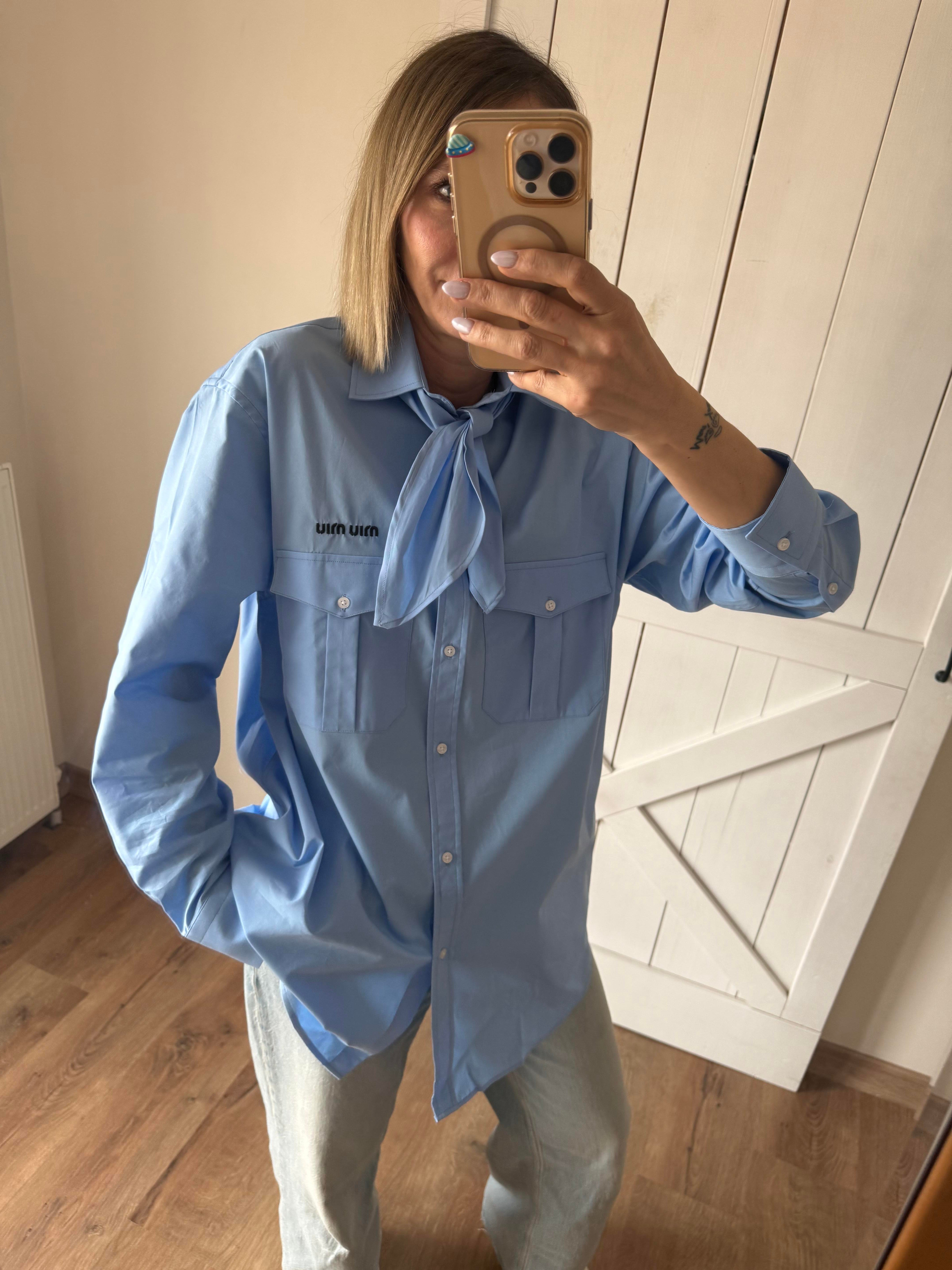 Fularlı Nakış Logolu Mavi Oversize Gömlek