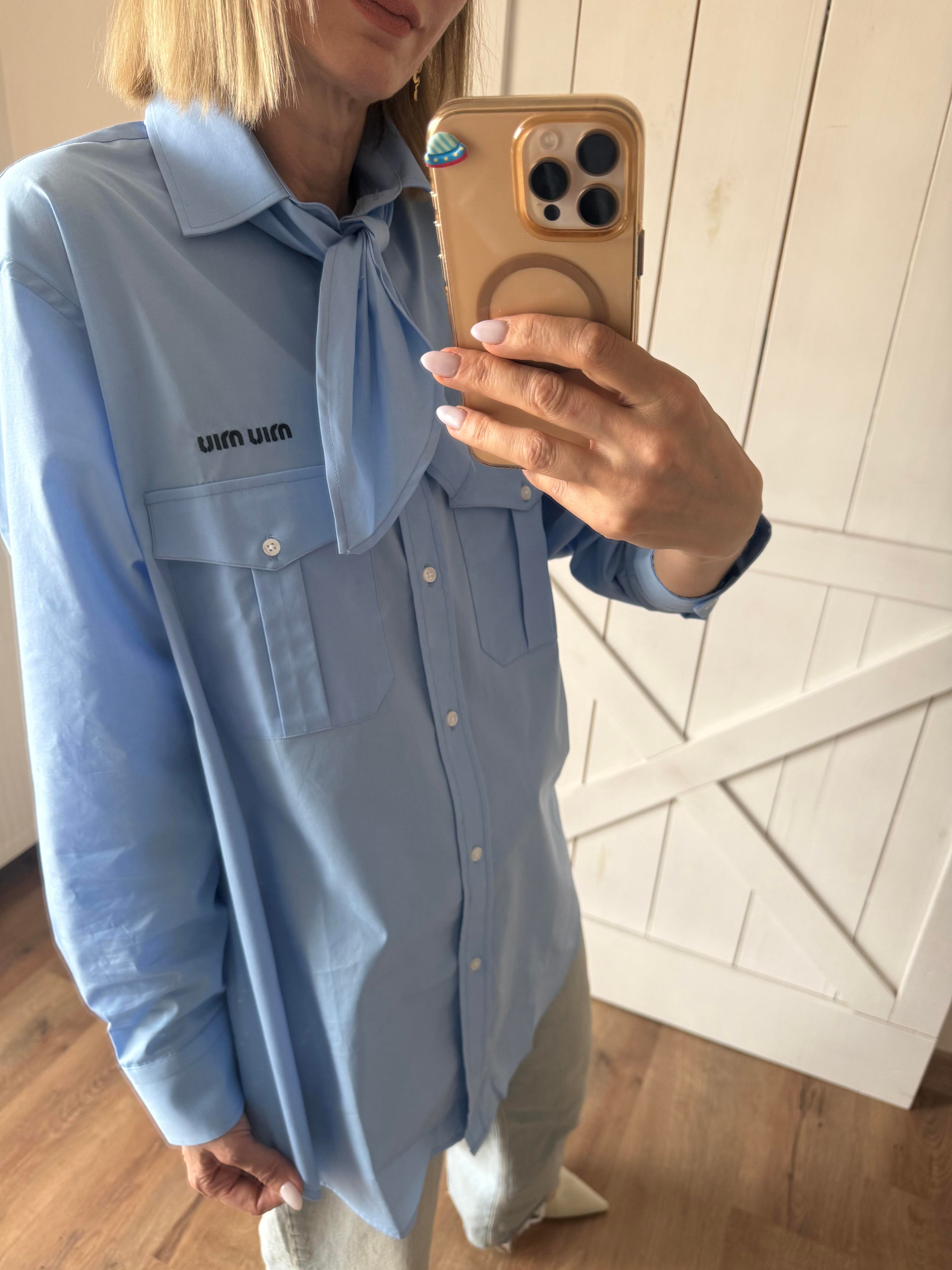 Fularlı Nakış Logolu Mavi Oversize Gömlek