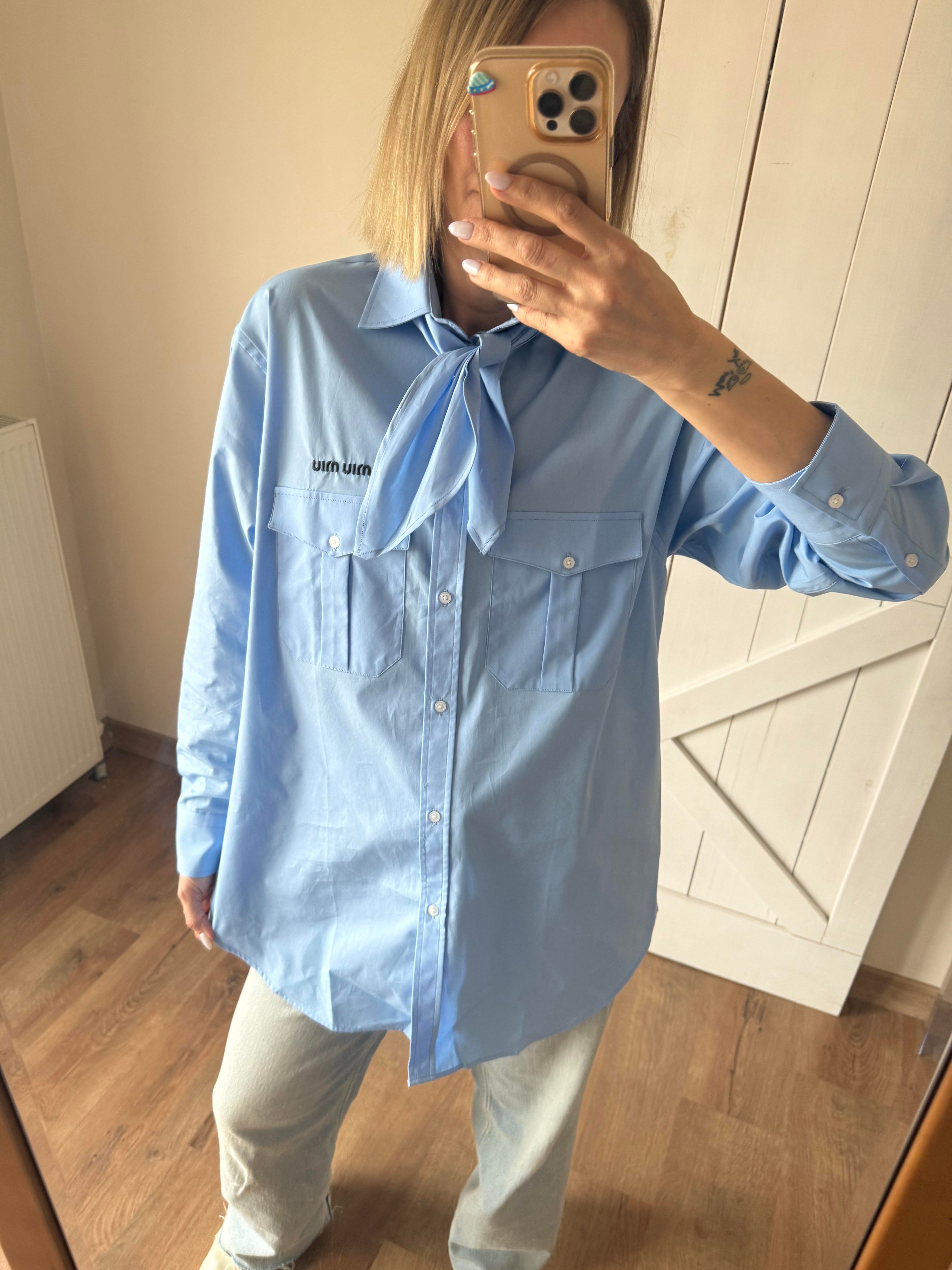 Fularlı Nakış Logolu Mavi Oversize Gömlek