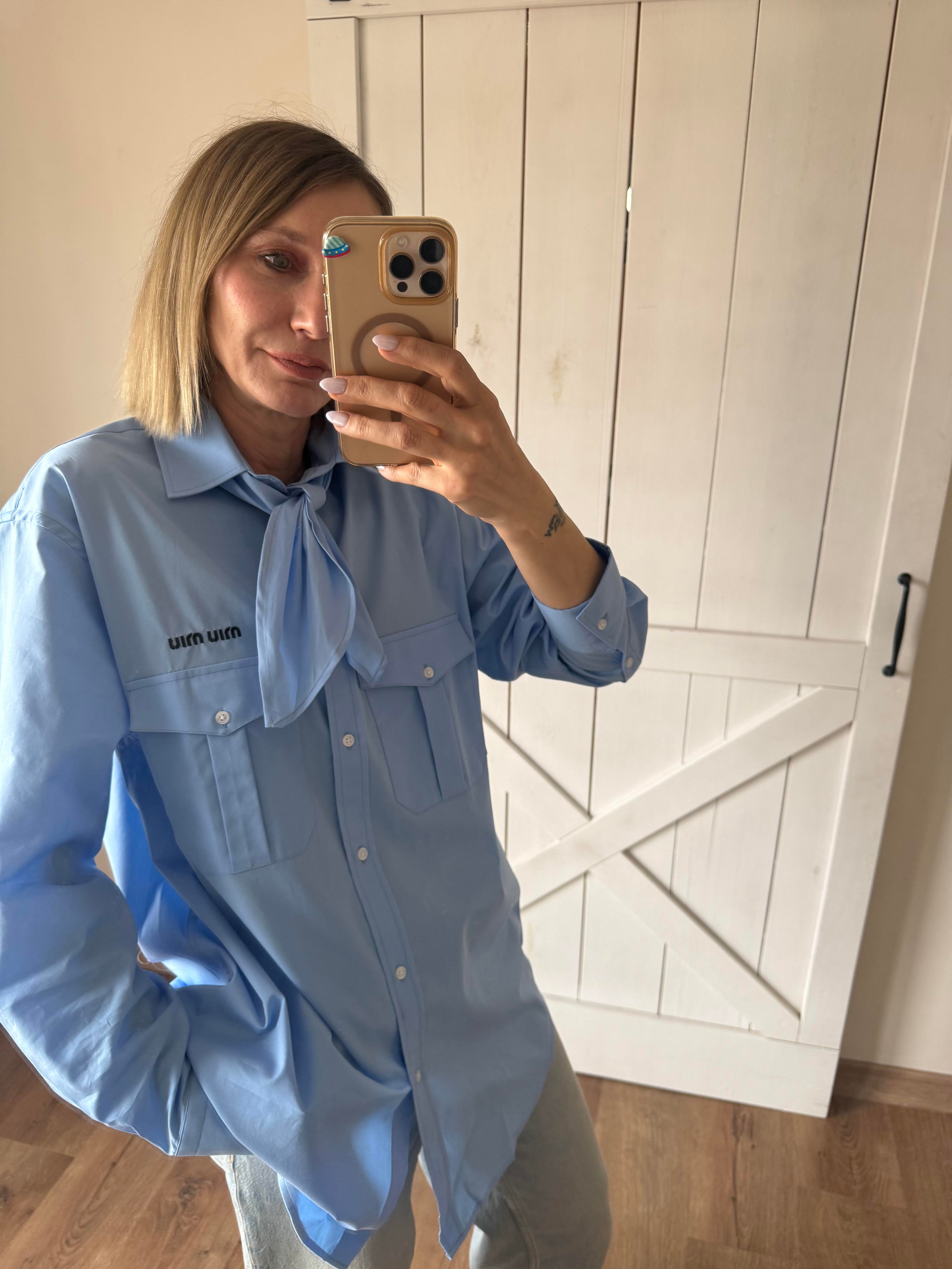 Fularlı Nakış Logolu Mavi Oversize Gömlek