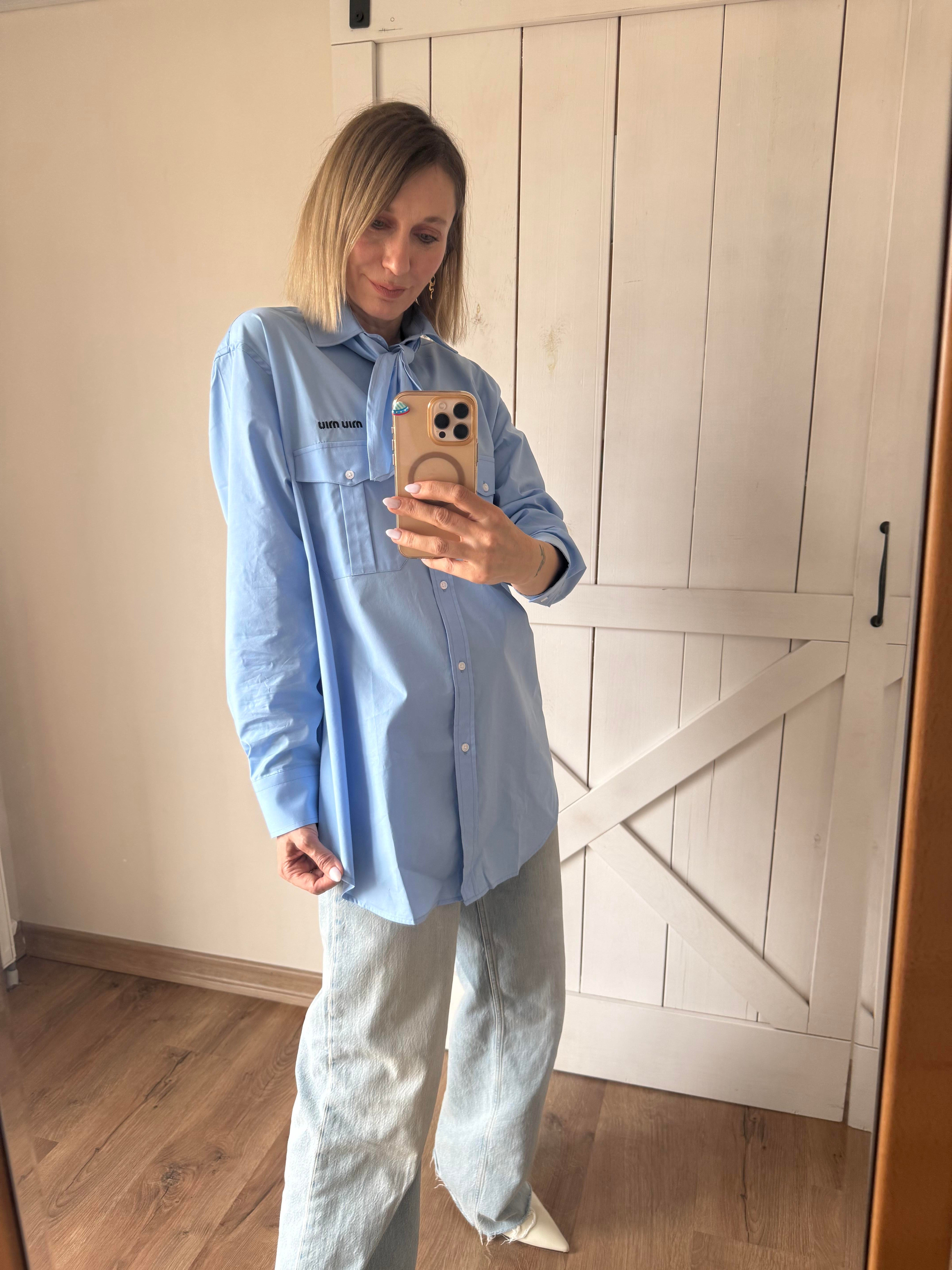 Fularlı Nakış Logolu Mavi Oversize Gömlek