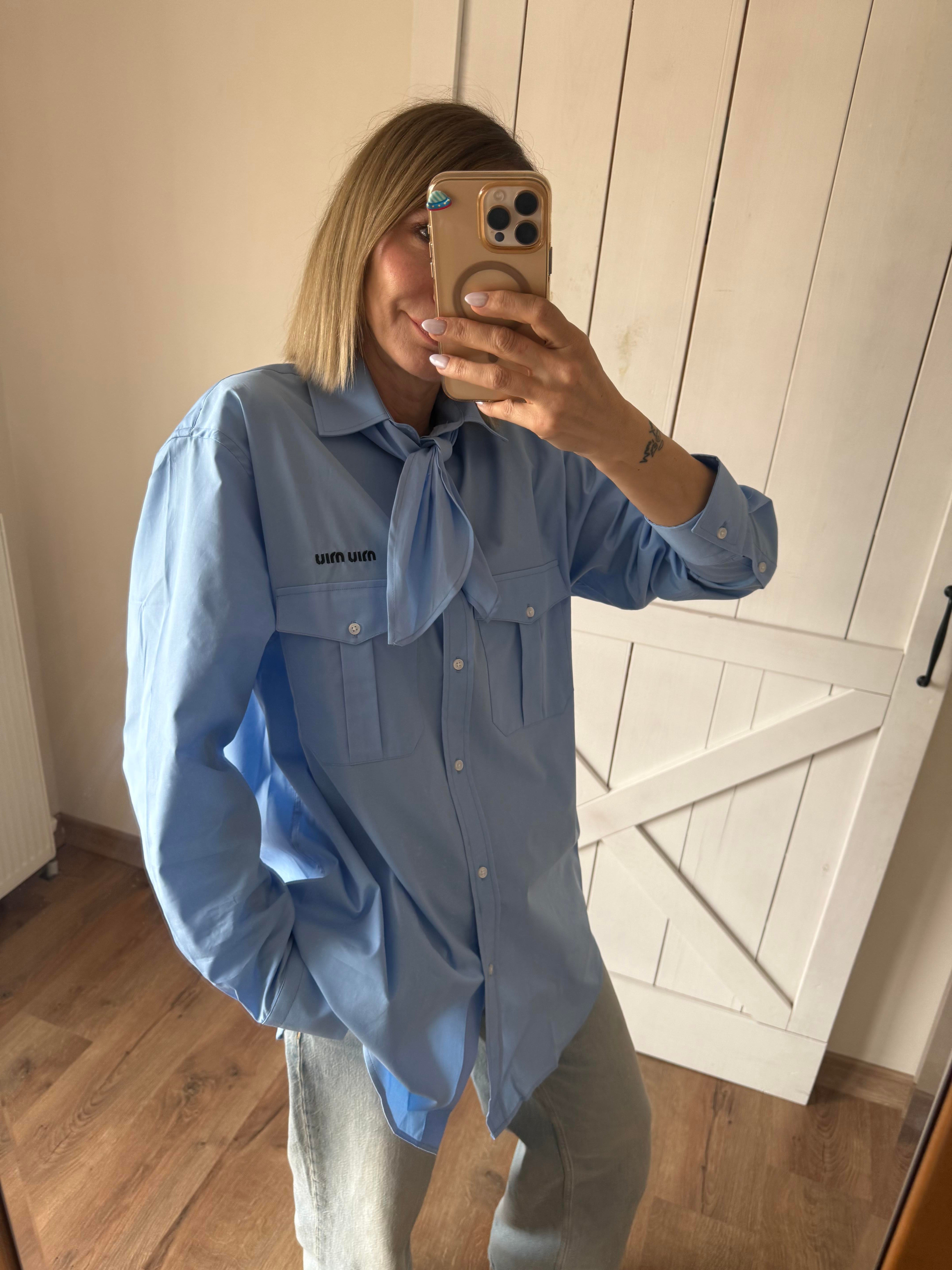 Fularlı Nakış Logolu Mavi Oversize Gömlek