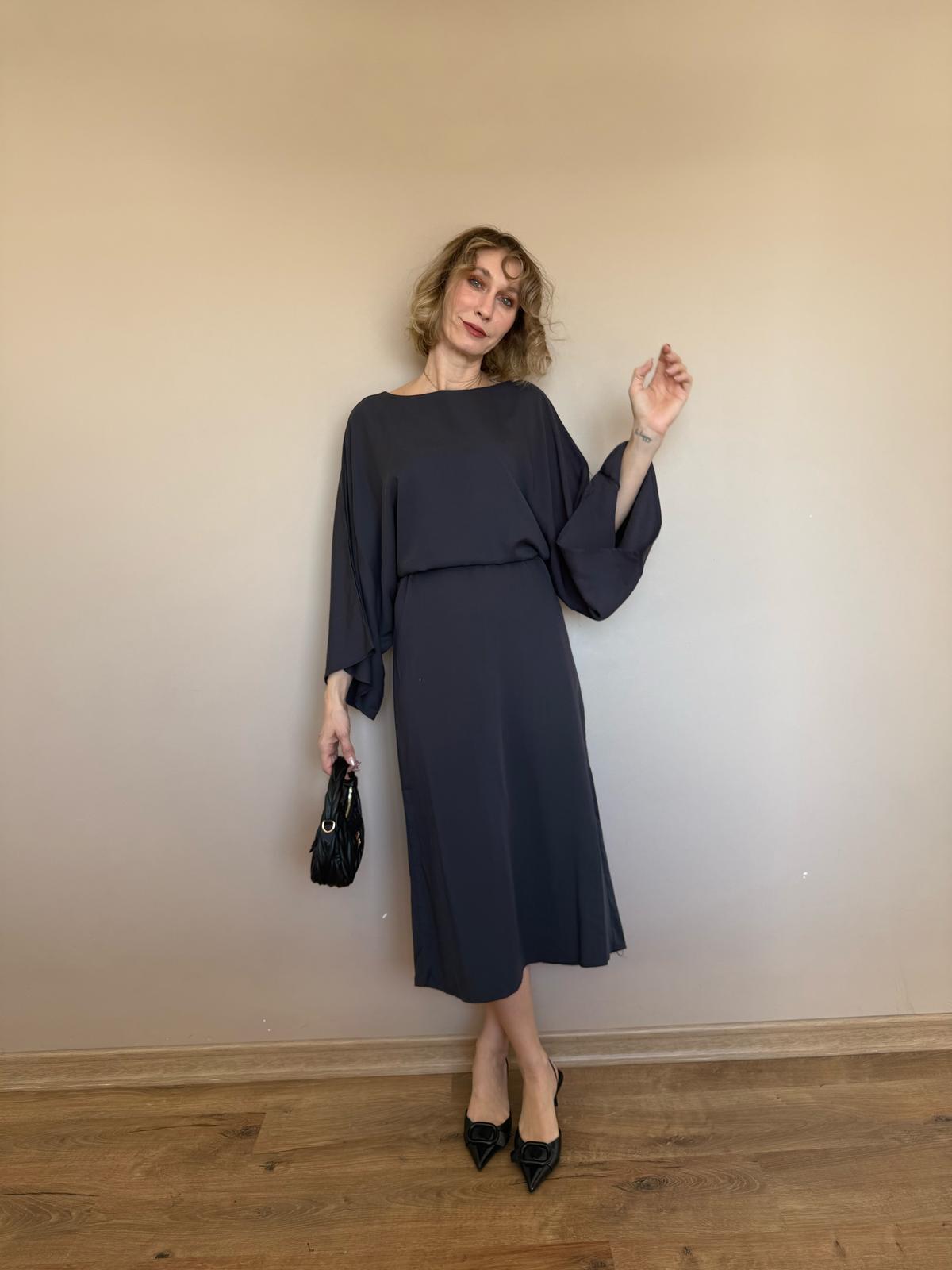 FÜME Bel Büzdürme Ayarlamalı Yarasa Kol Elbise