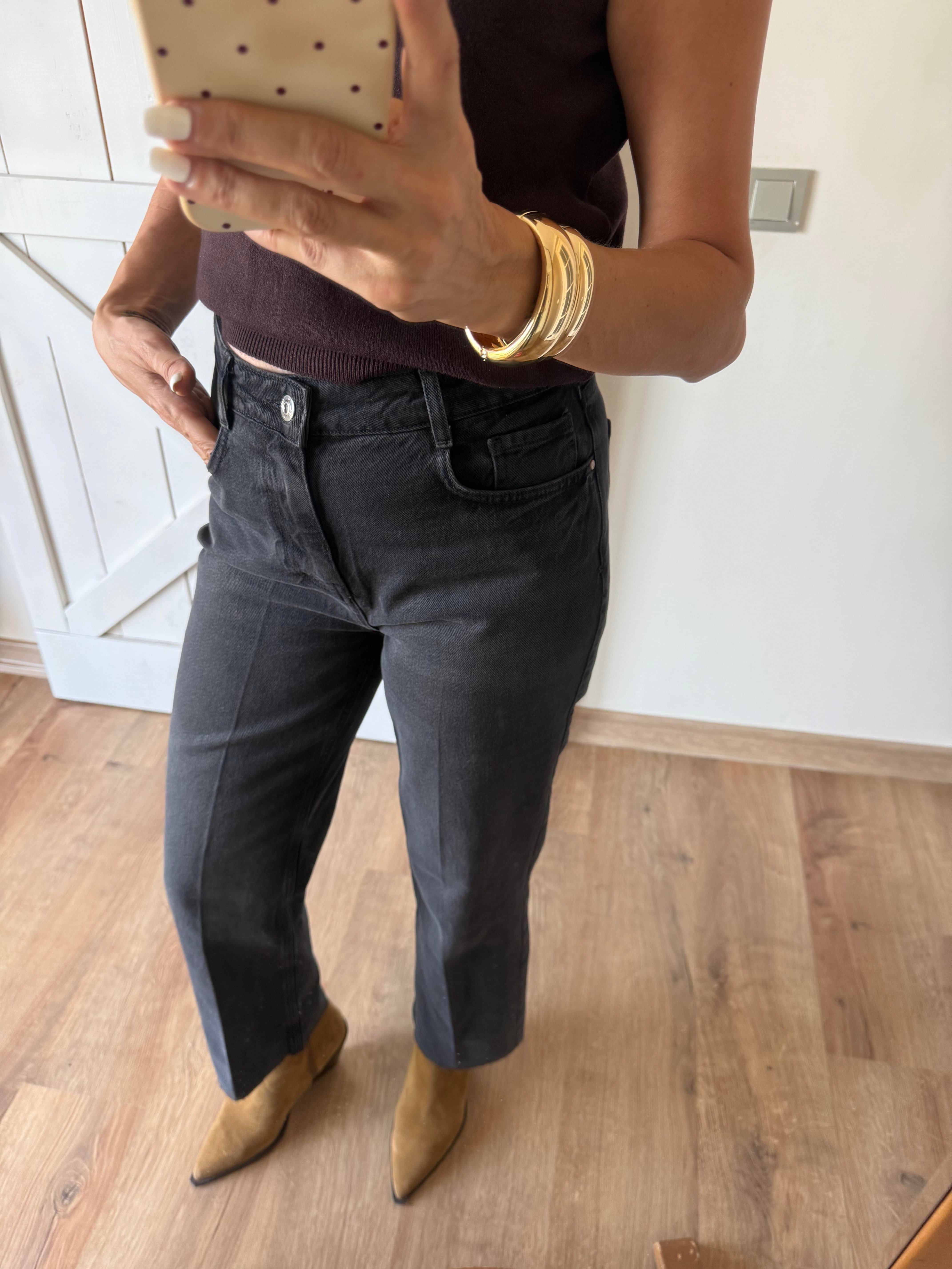 Füme Yüksek Bel Kesik Paça Jean