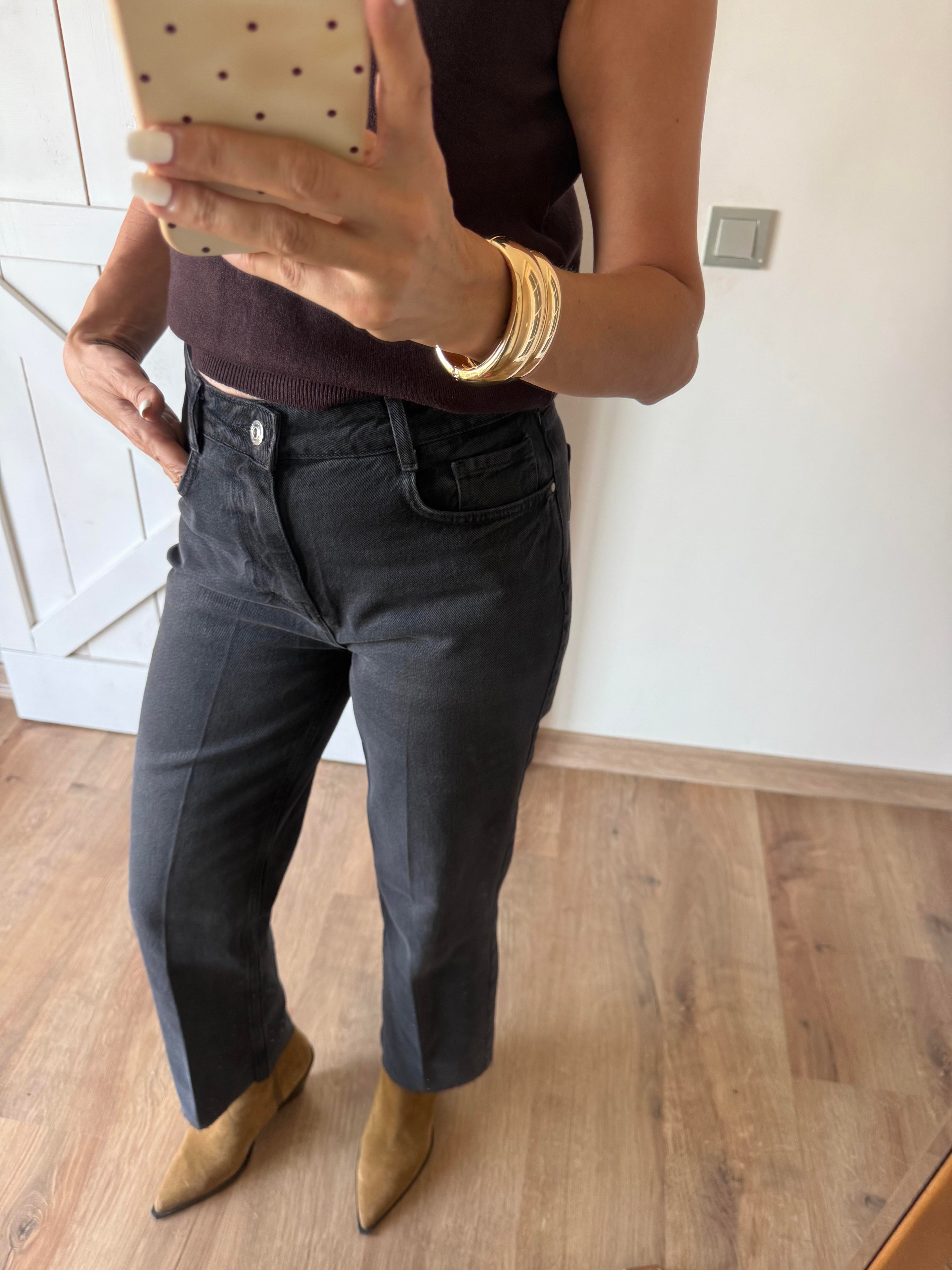 Füme Yüksek Bel Kesik Paça Jean