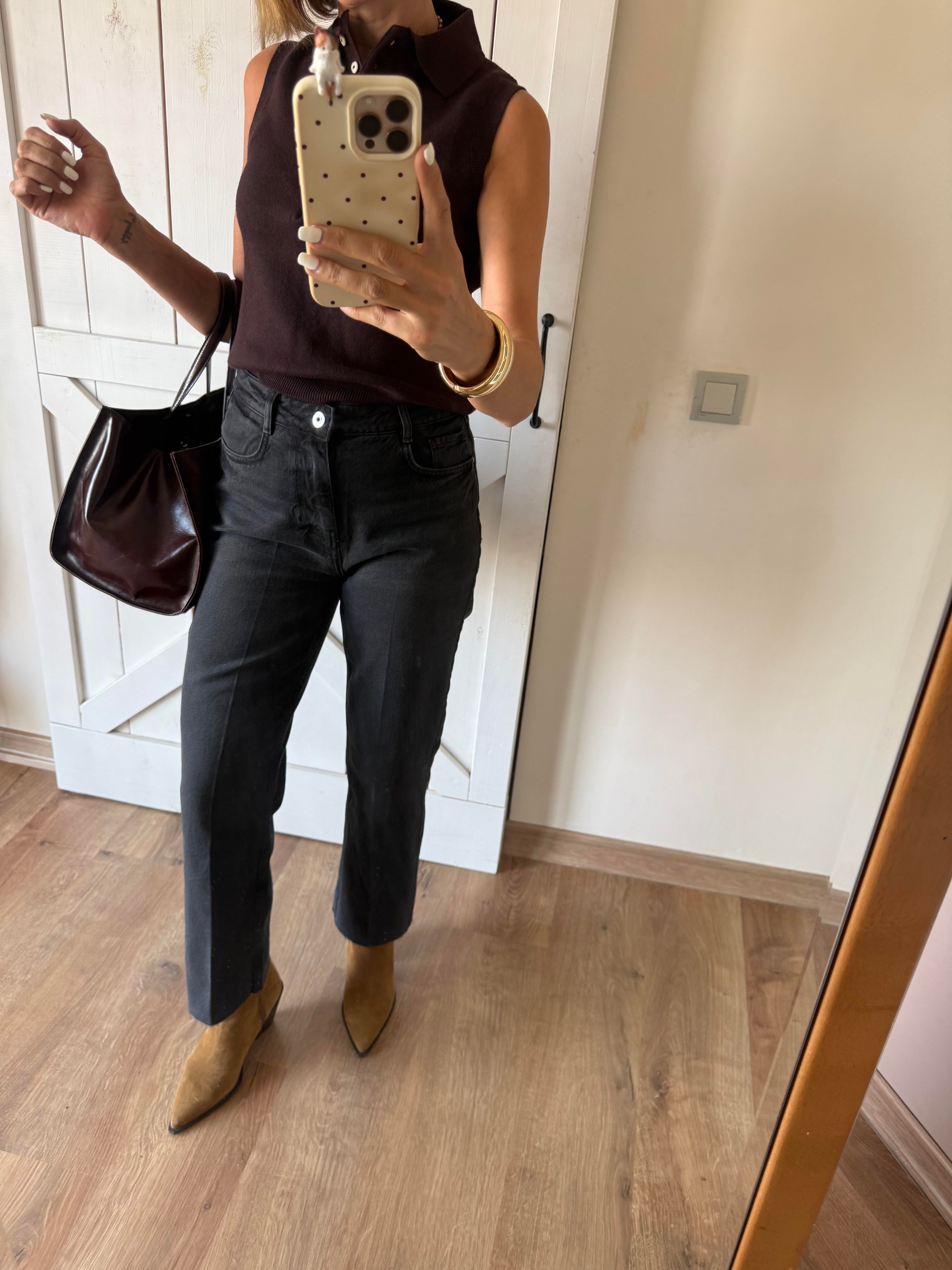 Füme Yüksek Bel Kesik Paça Jean