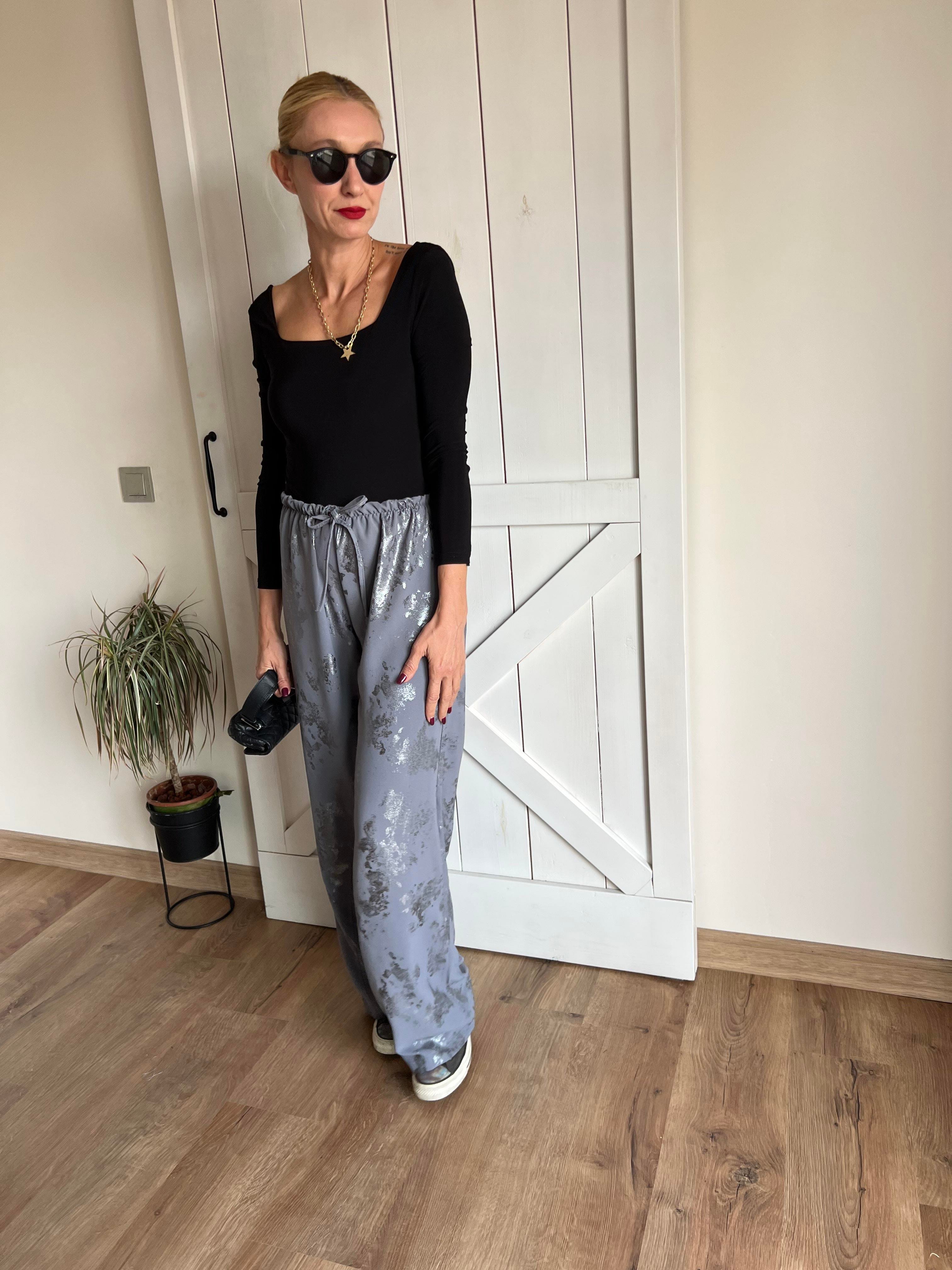 Gri Beli Lastikli Bağlamalı Varak Baskılı Palazzo Pantolon