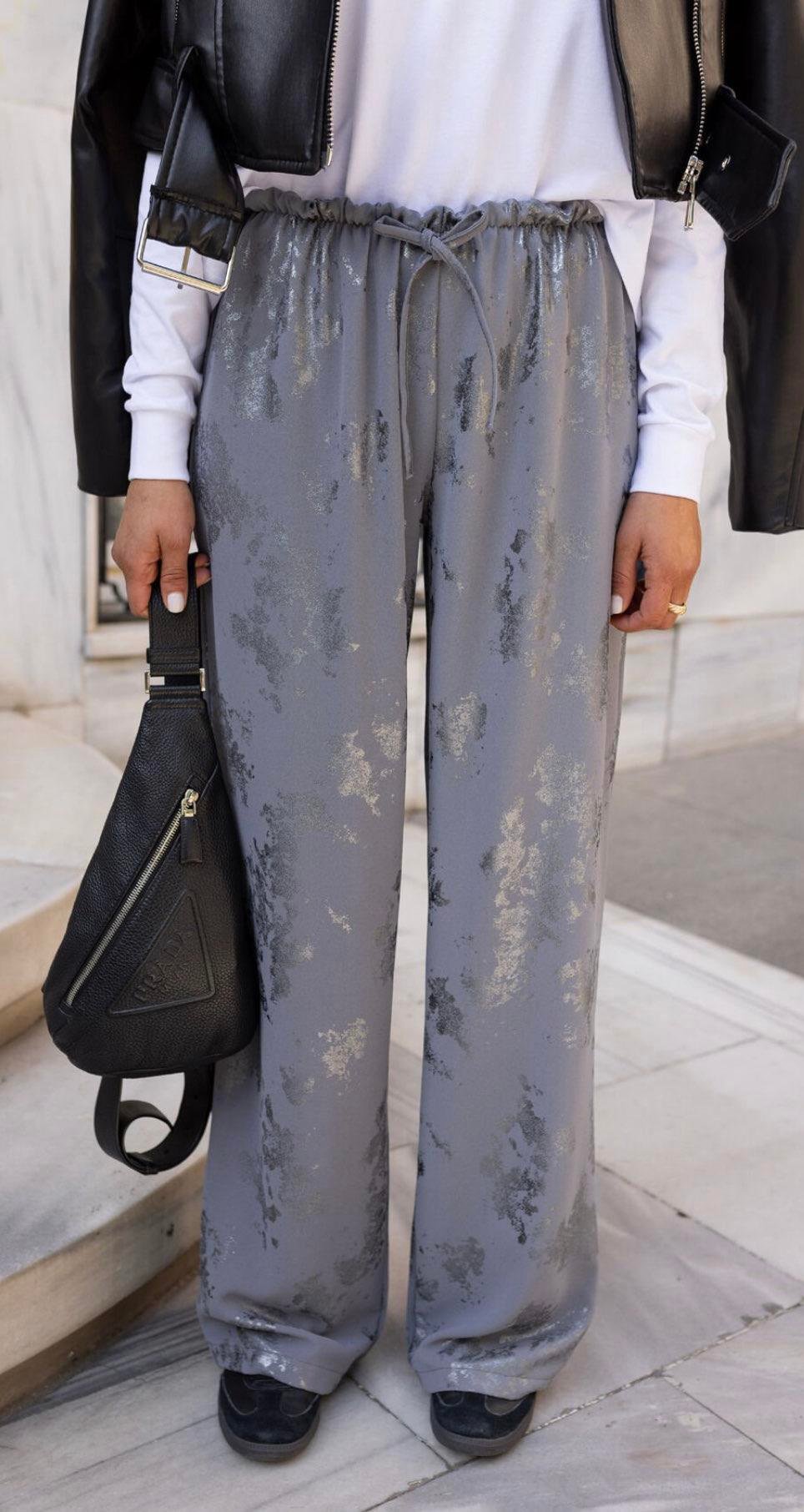 Gri Beli Lastikli Bağlamalı Varak Baskılı Palazzo Pantolon