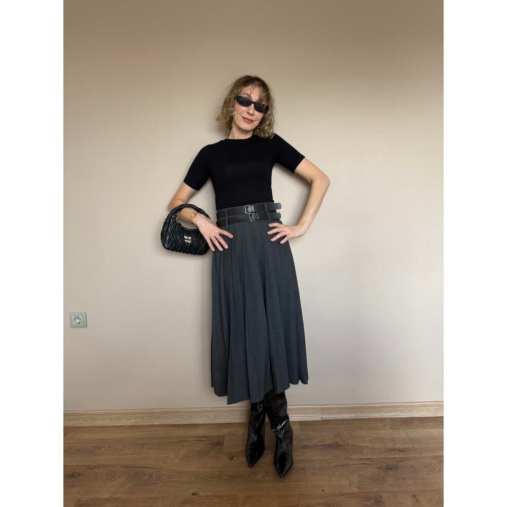 Gri Çift Kemer Detaylı Etek 