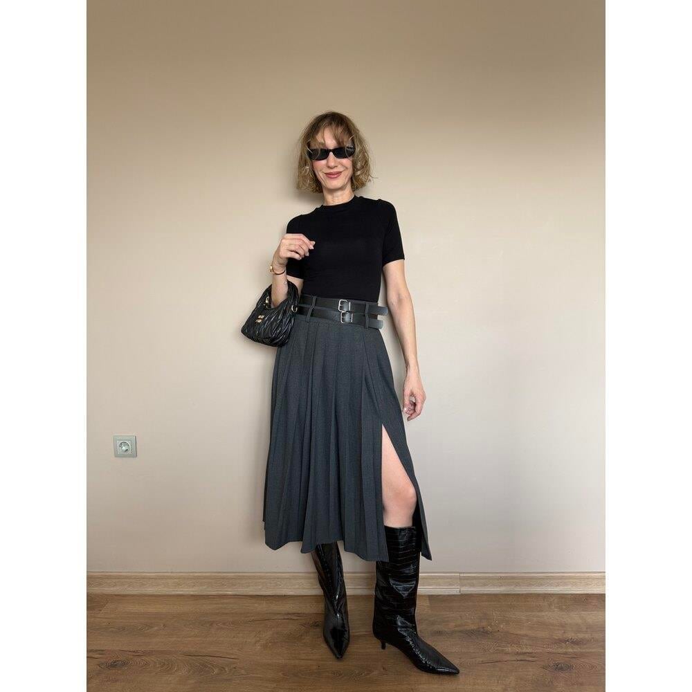 Gri Çift Kemer Detaylı Etek 