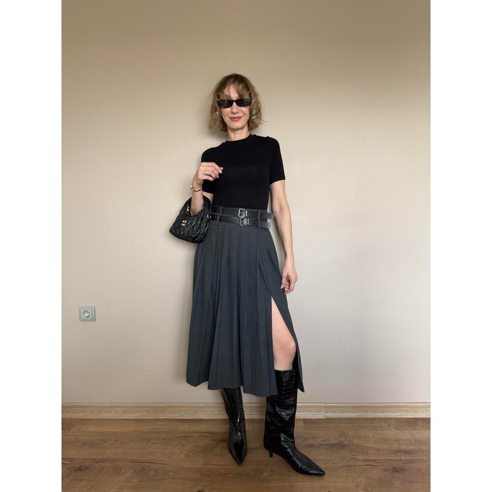 Gri Çift Kemer Detaylı Etek 