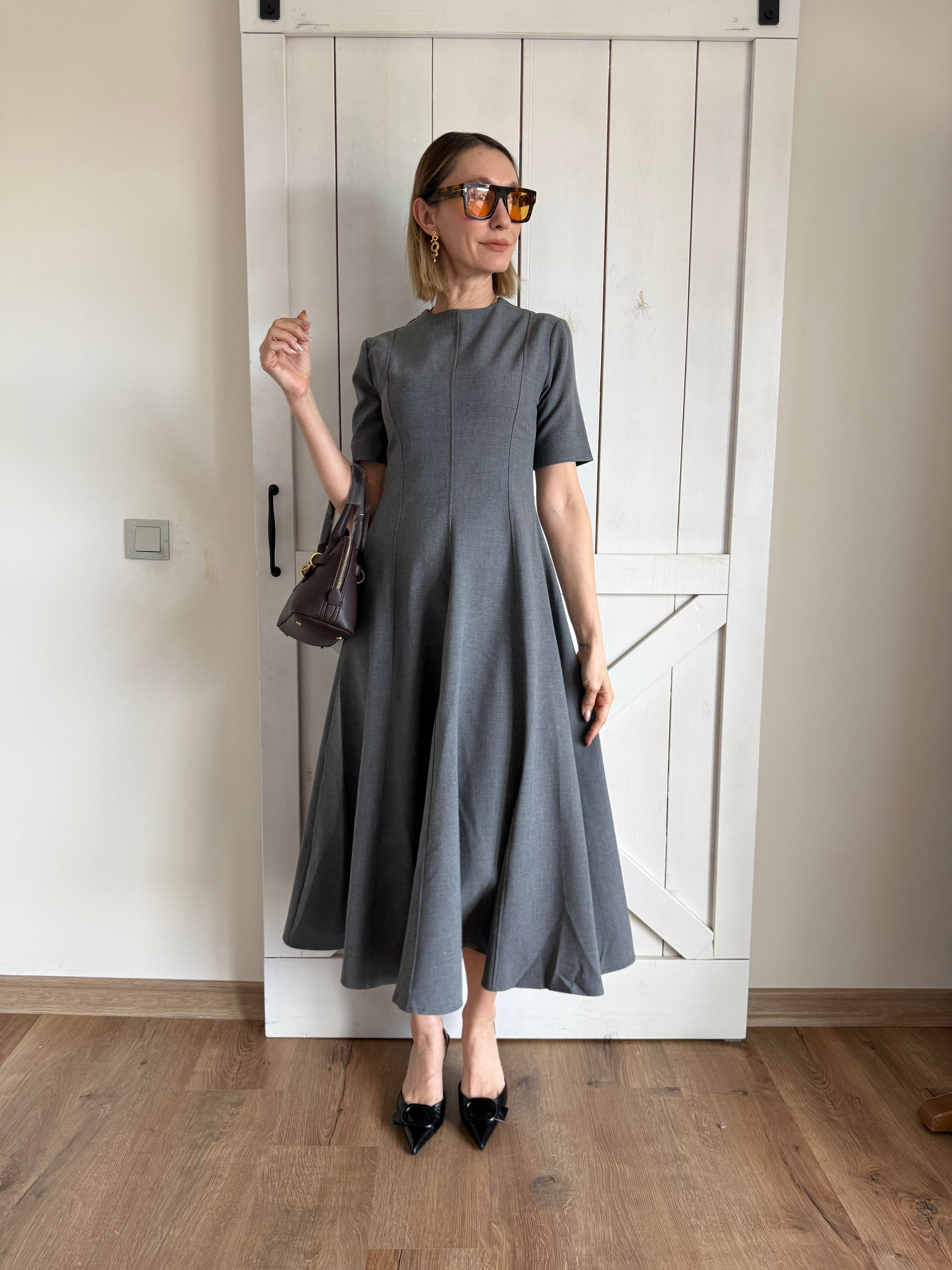 Gri Maxi Boy Volanlı Elbise