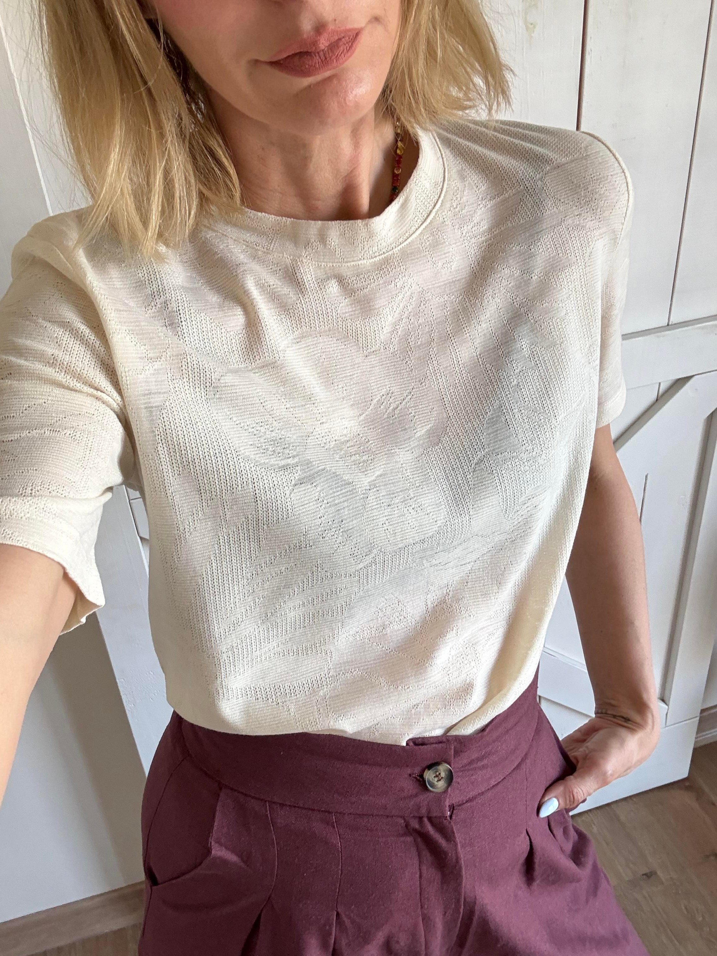 Hafif Transparan Ekru Kısa Kollu Triko Tshirt