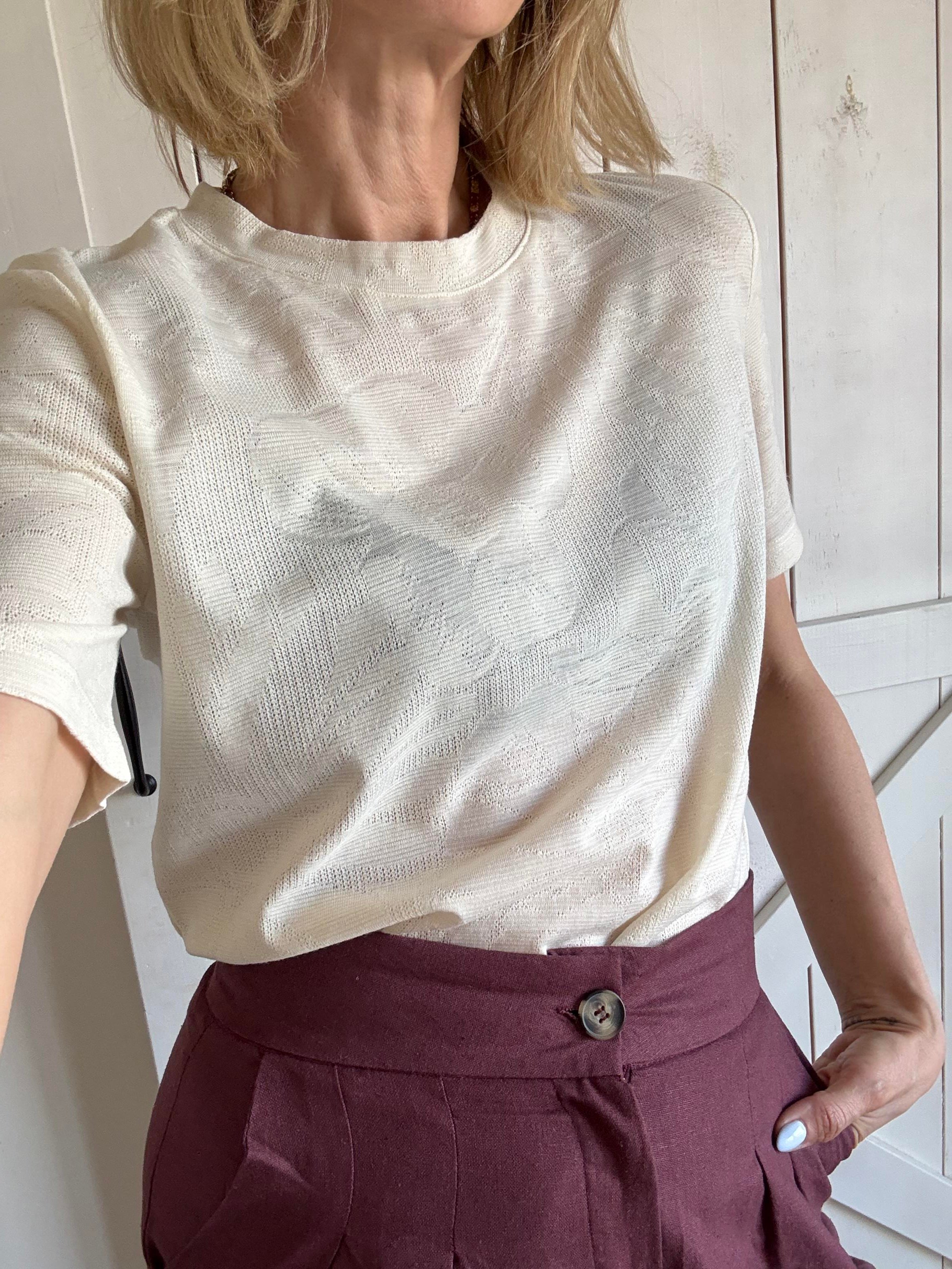 Hafif Transparan Ekru Kısa Kollu Triko Tshirt