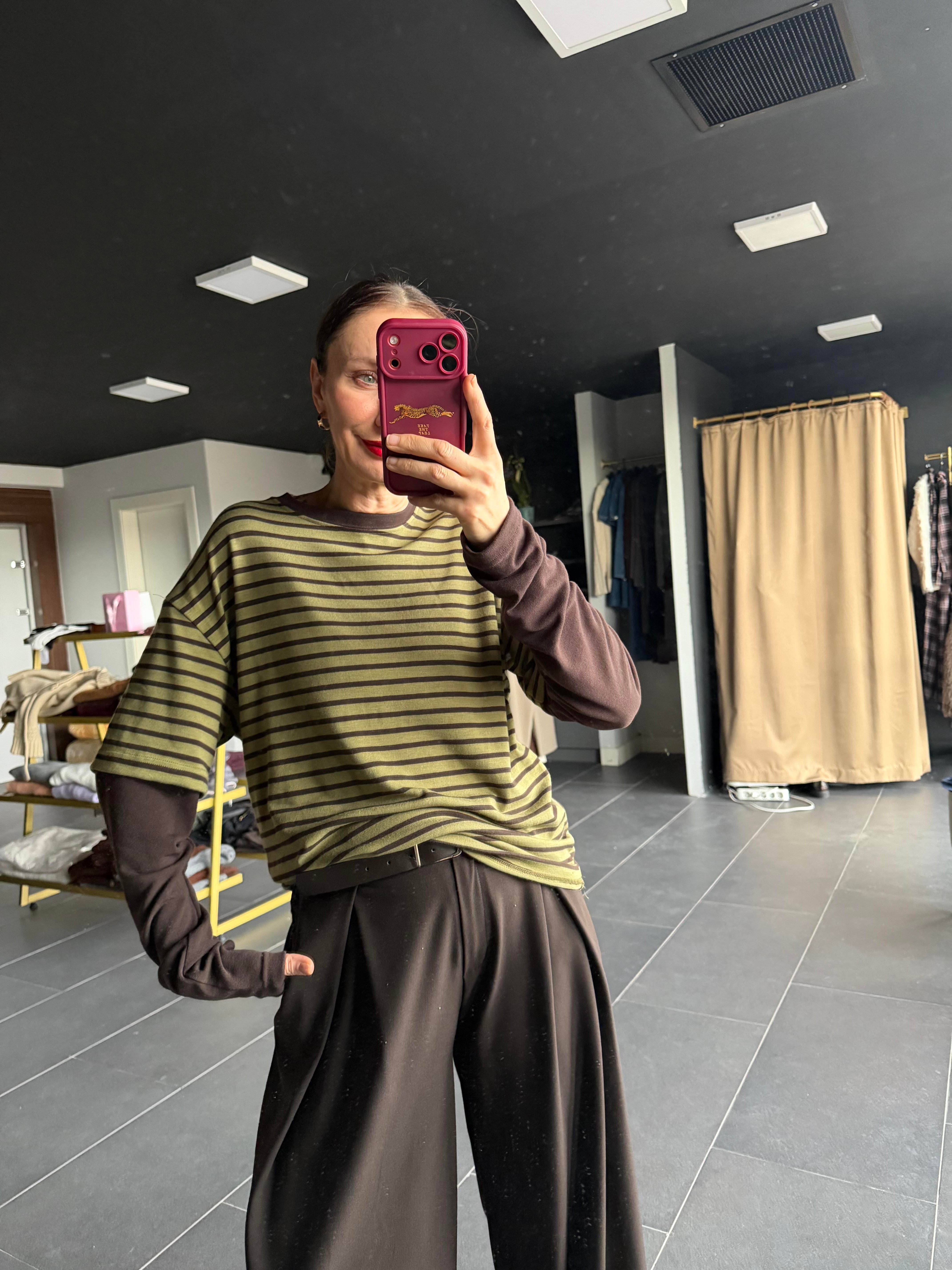 Haki Çizgili Basic Tshirt Detaylı