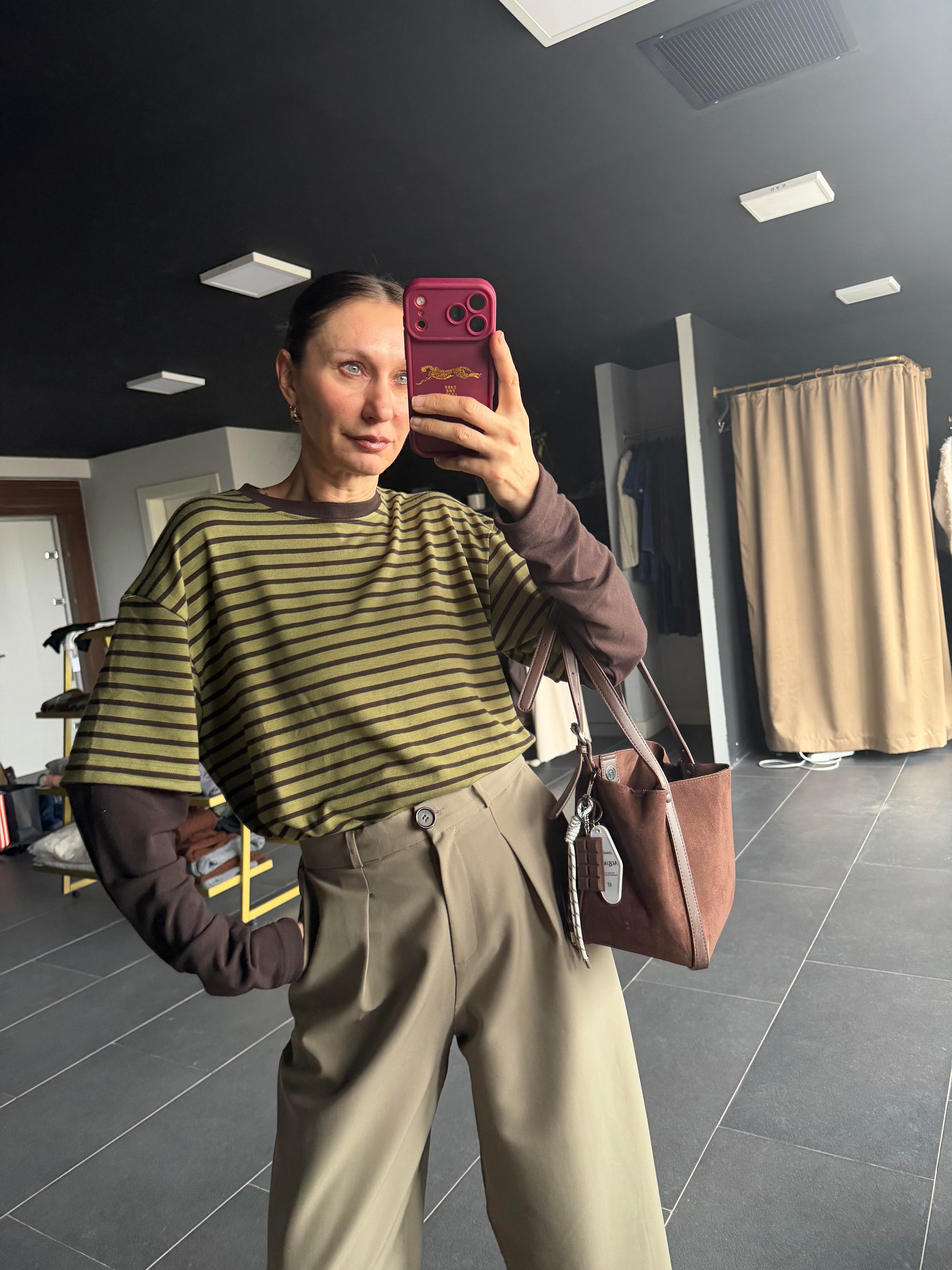 Haki Çizgili Basic Tshirt Detaylı