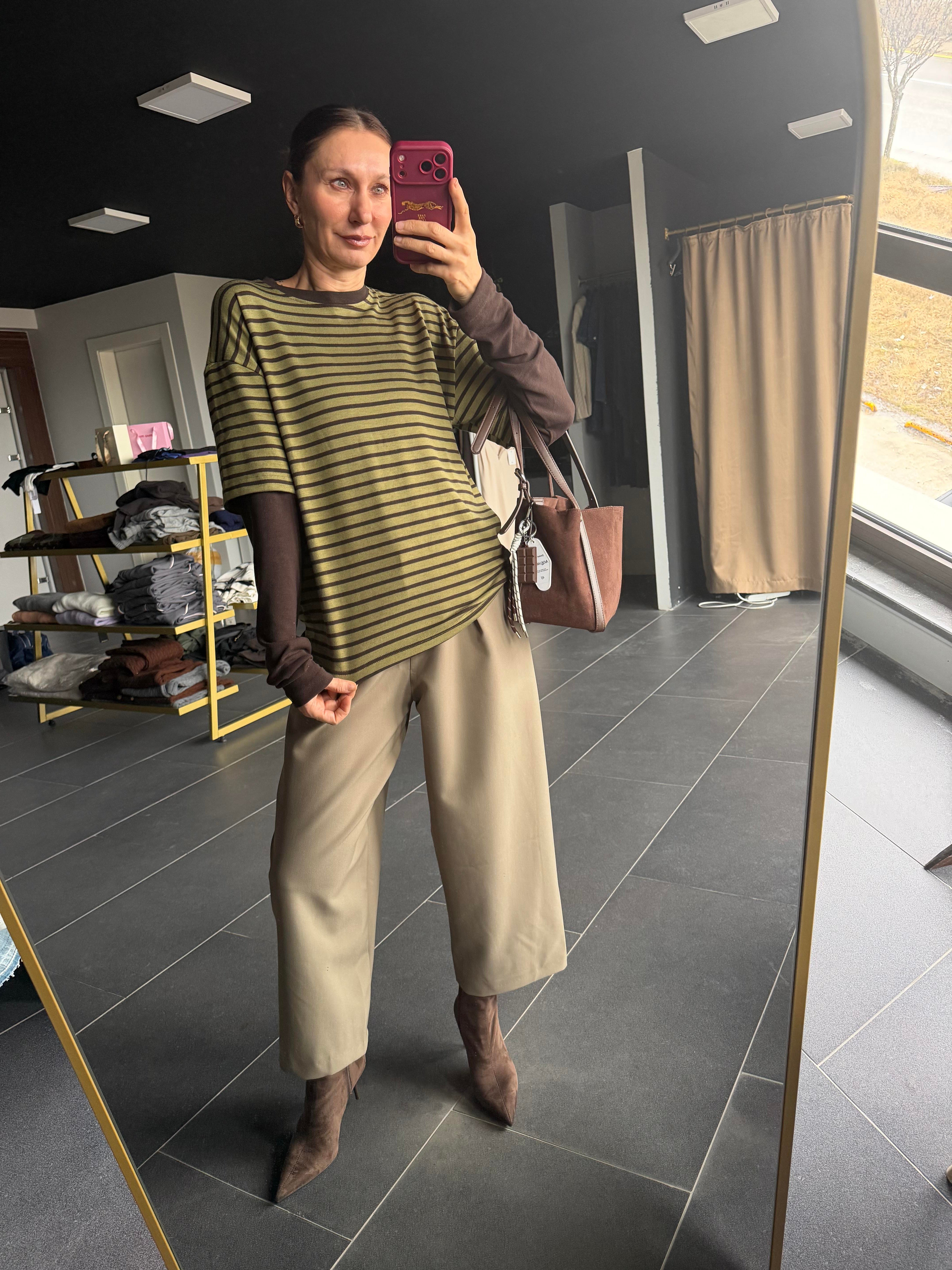 Haki Çizgili Basic Tshirt Detaylı