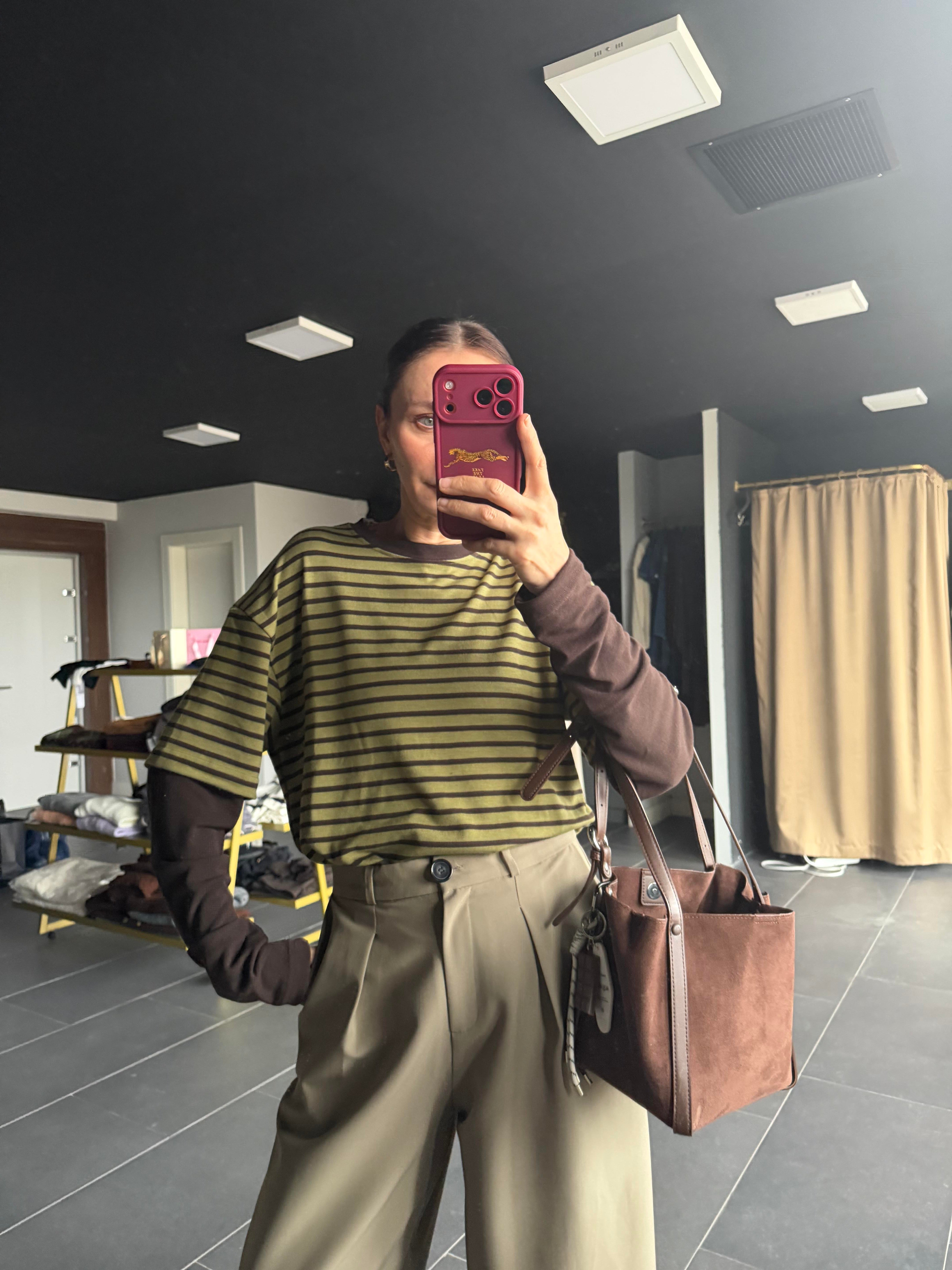 Haki Çizgili Basic Tshirt Detaylı