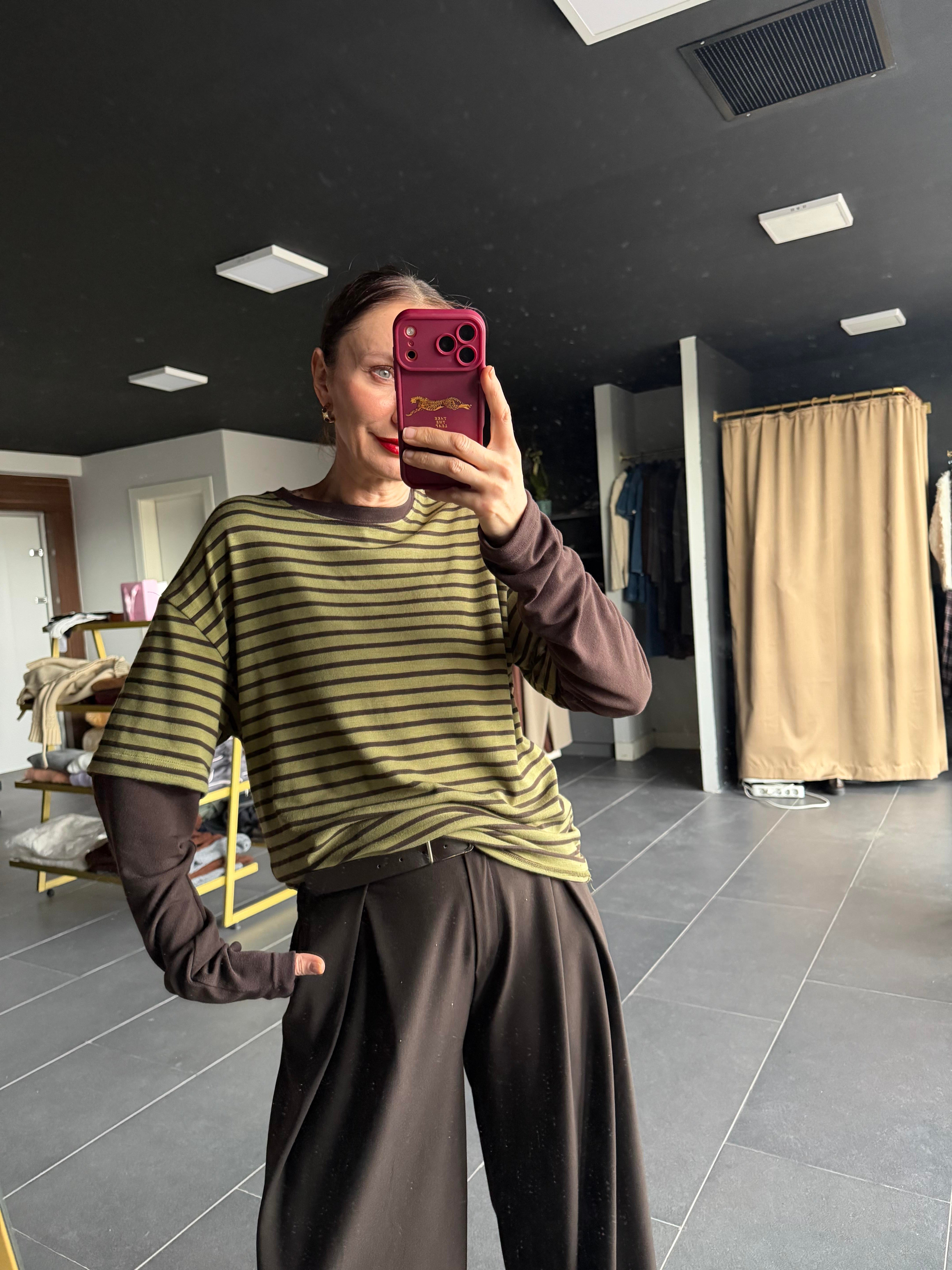 Haki Çizgili Basic Tshirt Detaylı