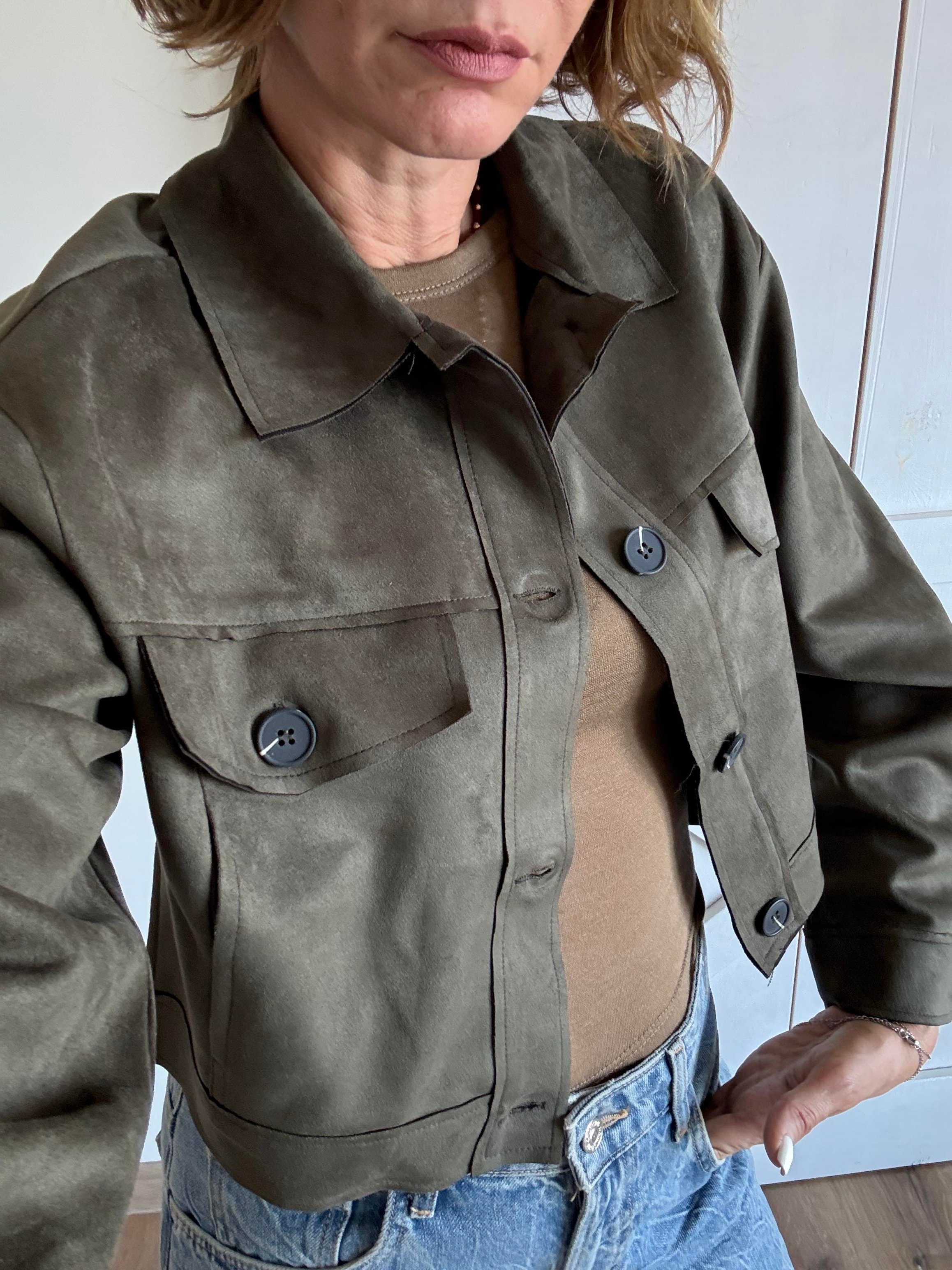 Haki Nubuk Kısa Ceket