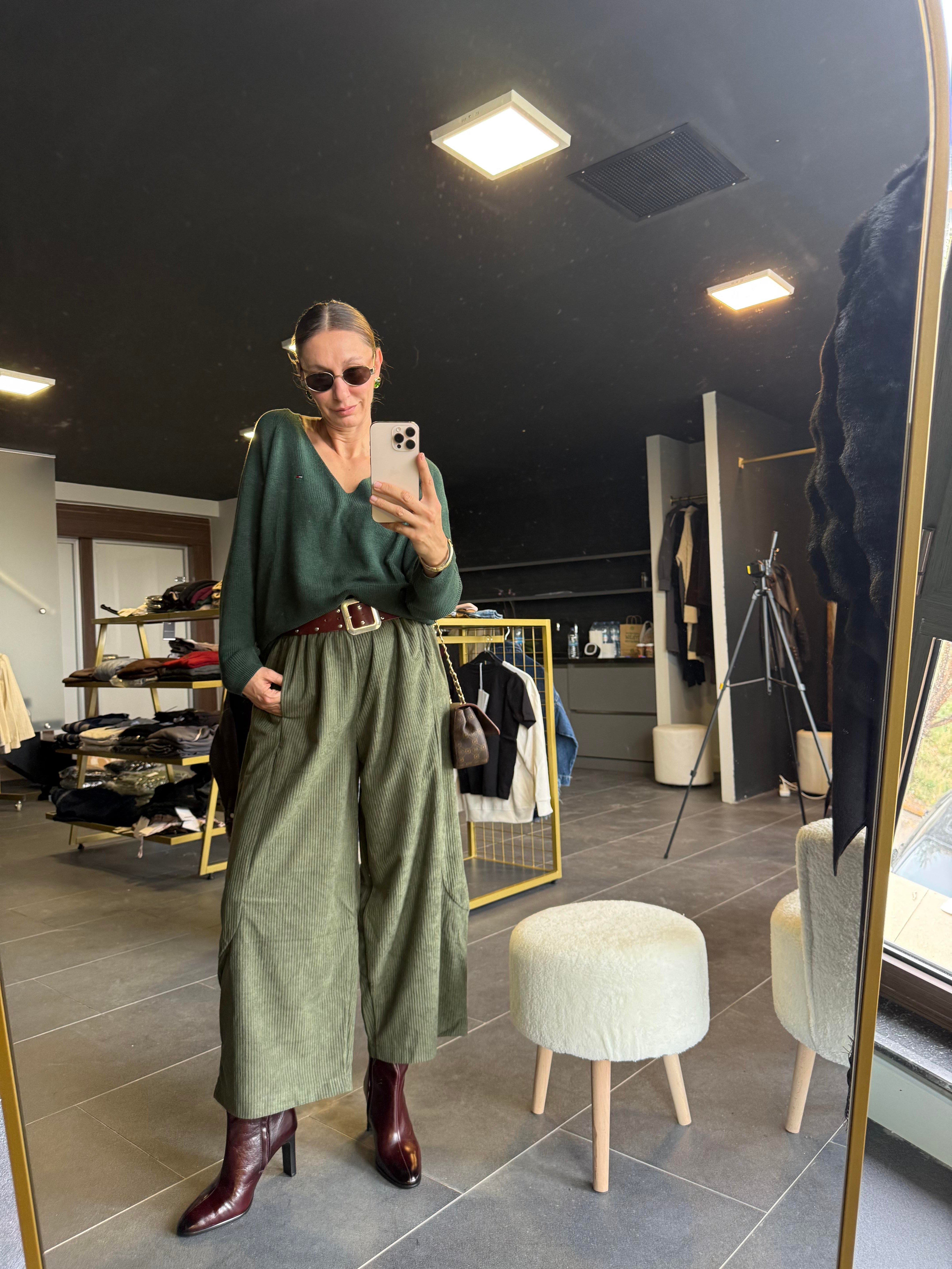 Haki Şalvar Kadife Pantolon