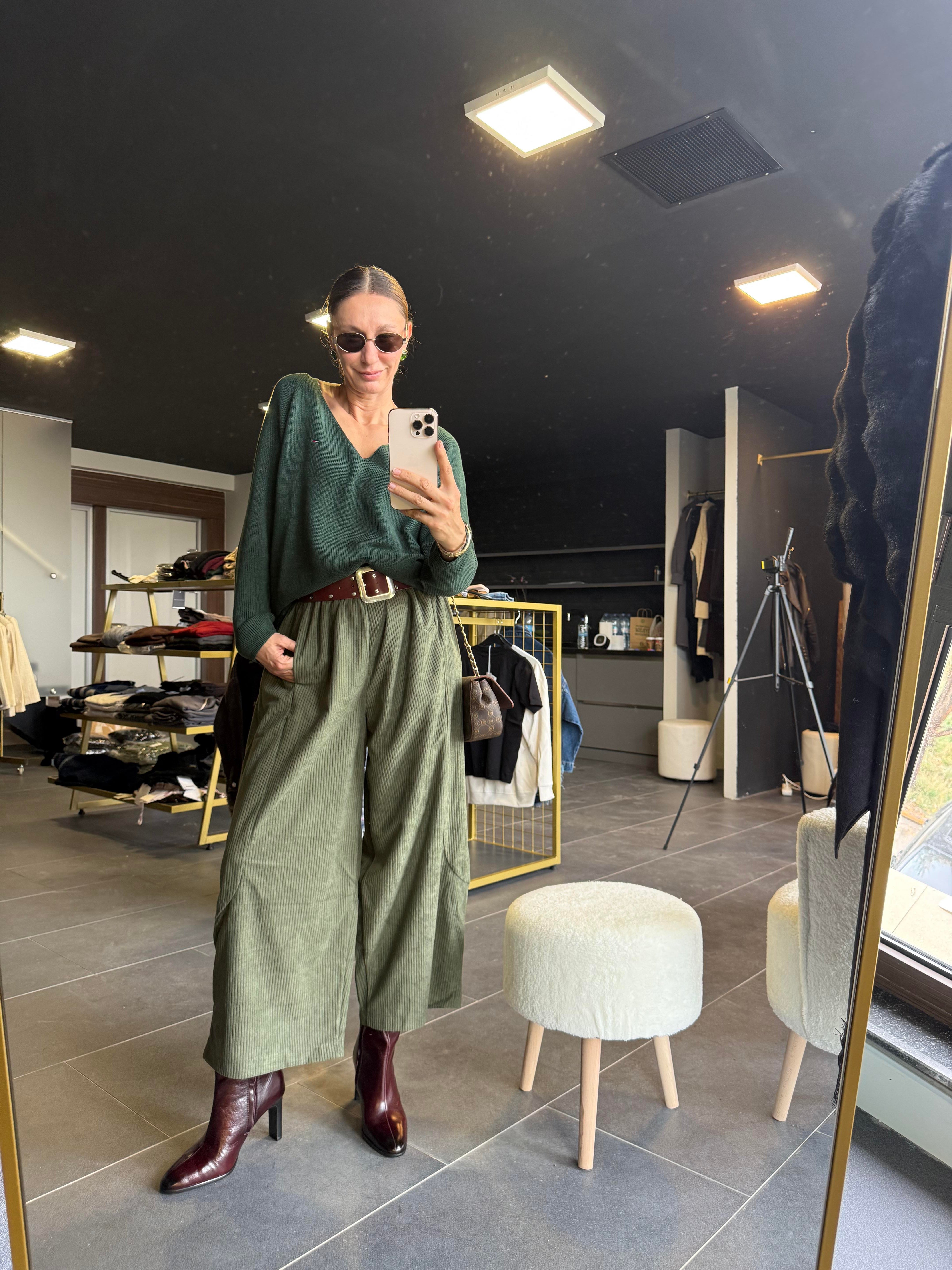 Haki Şalvar Kadife Pantolon