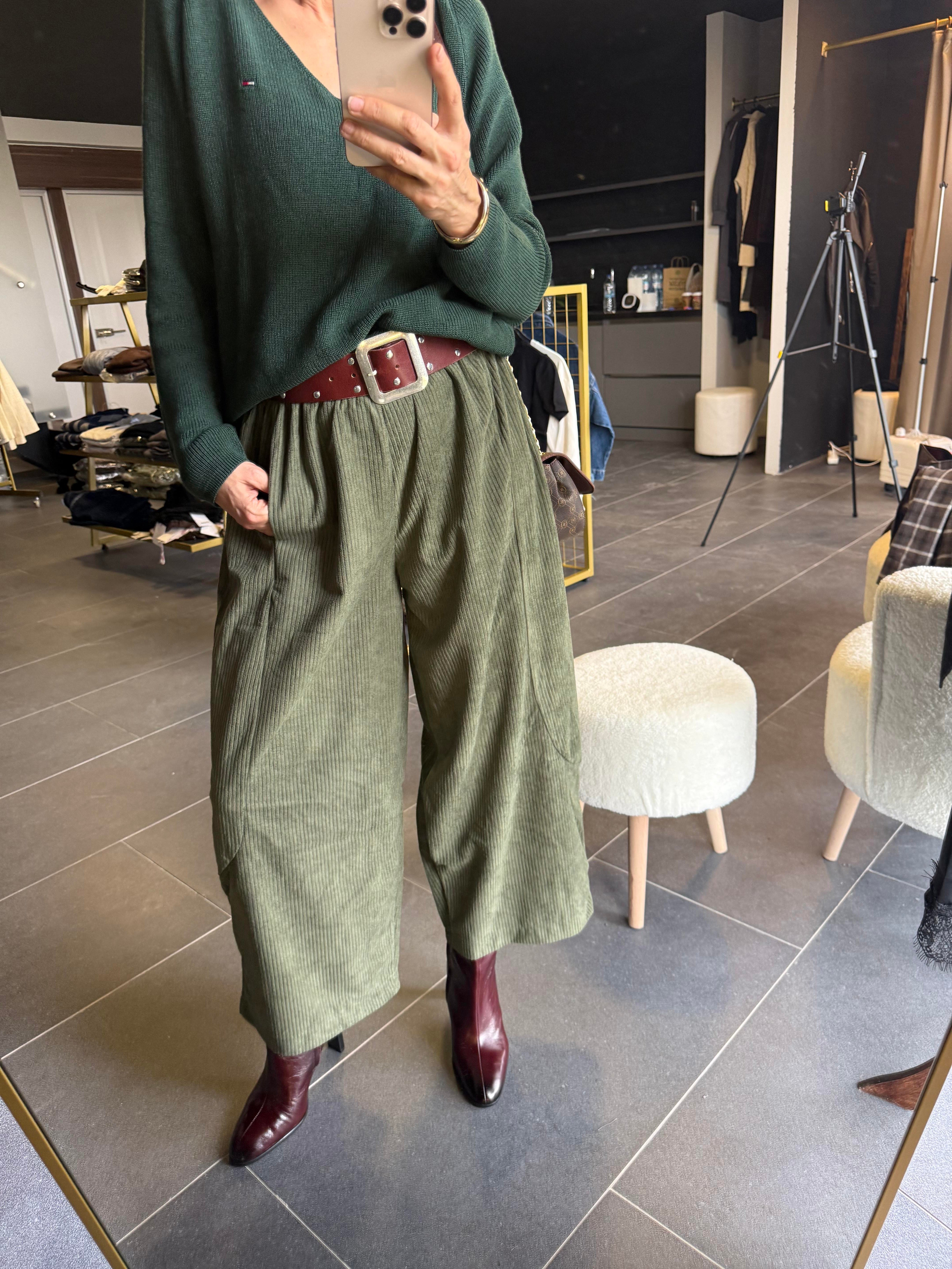 Haki Şalvar Kadife Pantolon