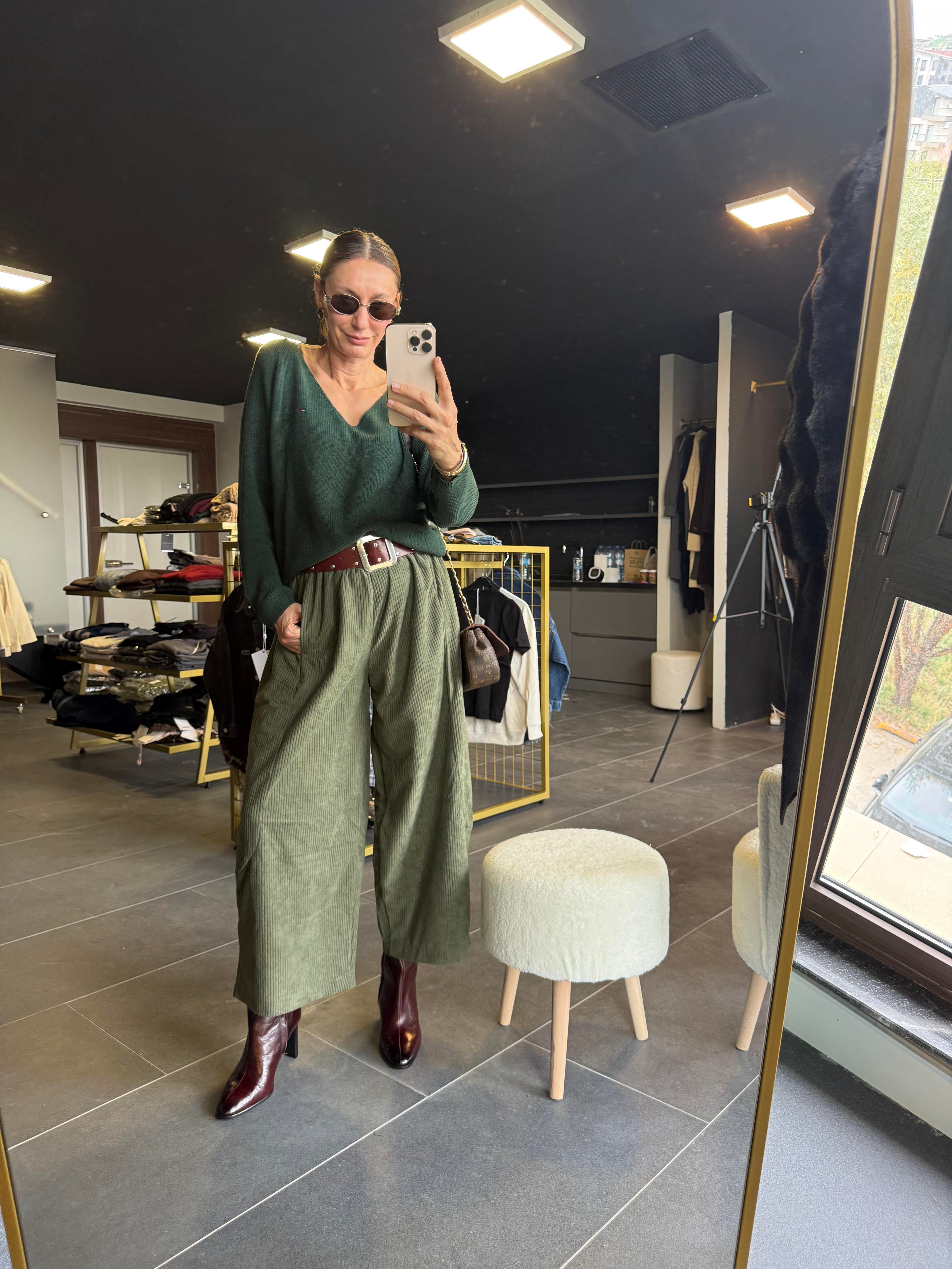 Haki Şalvar Kadife Pantolon