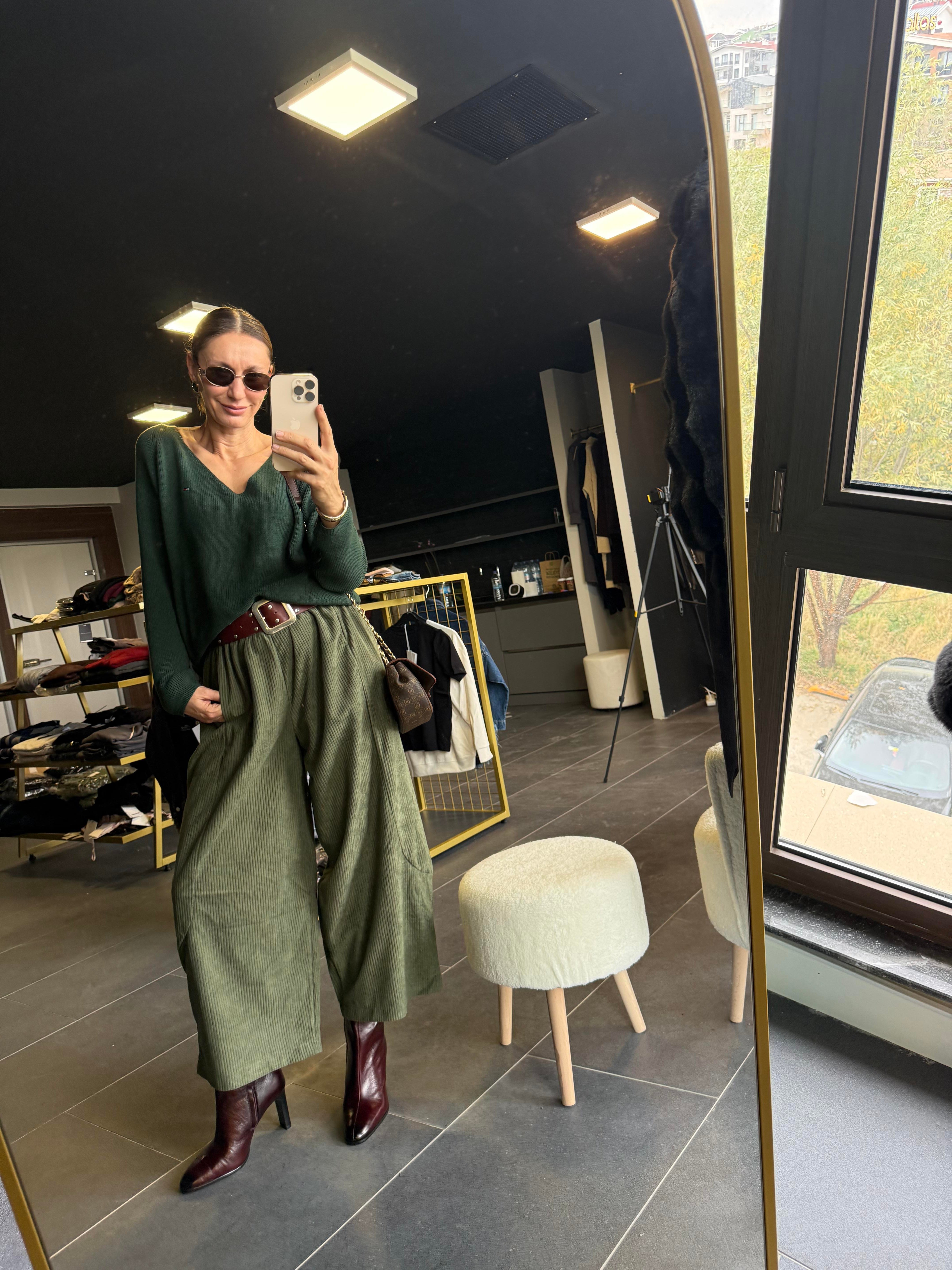 Haki Şalvar Kadife Pantolon