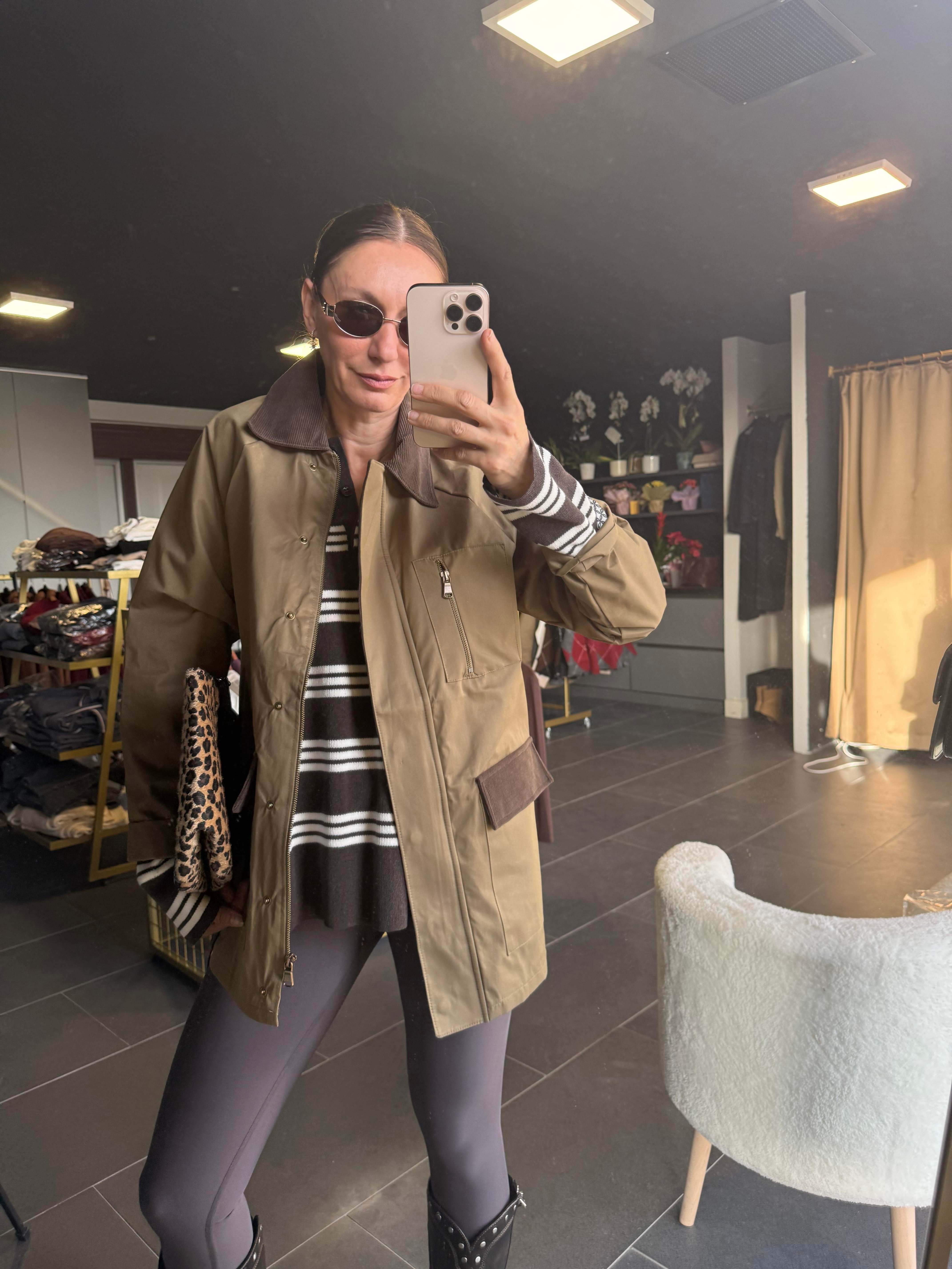 Haki Work Yaka Cep Kadife Detaylı Parka Mont