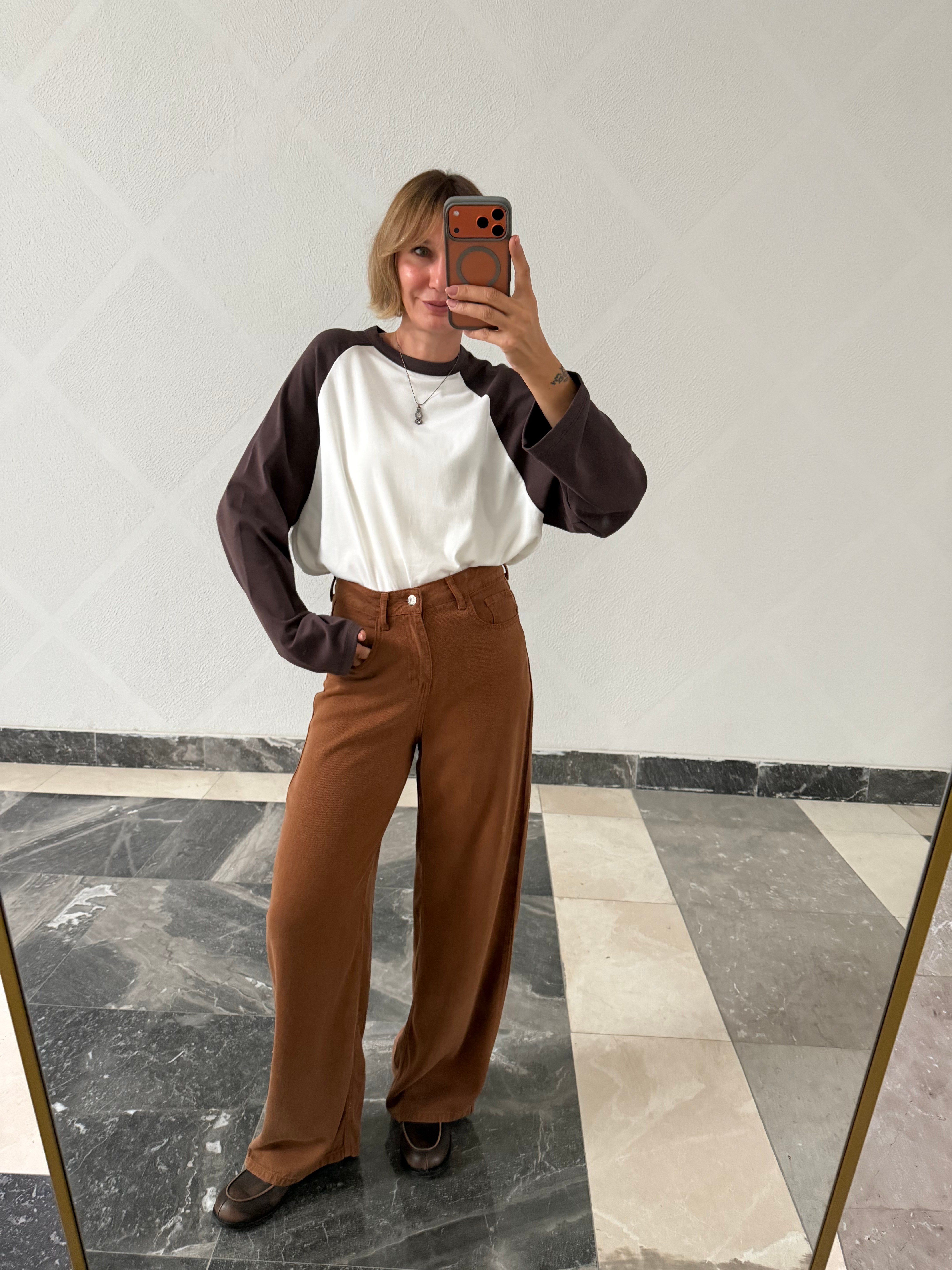 Kahve Beyaz Uzun Kollu Basic