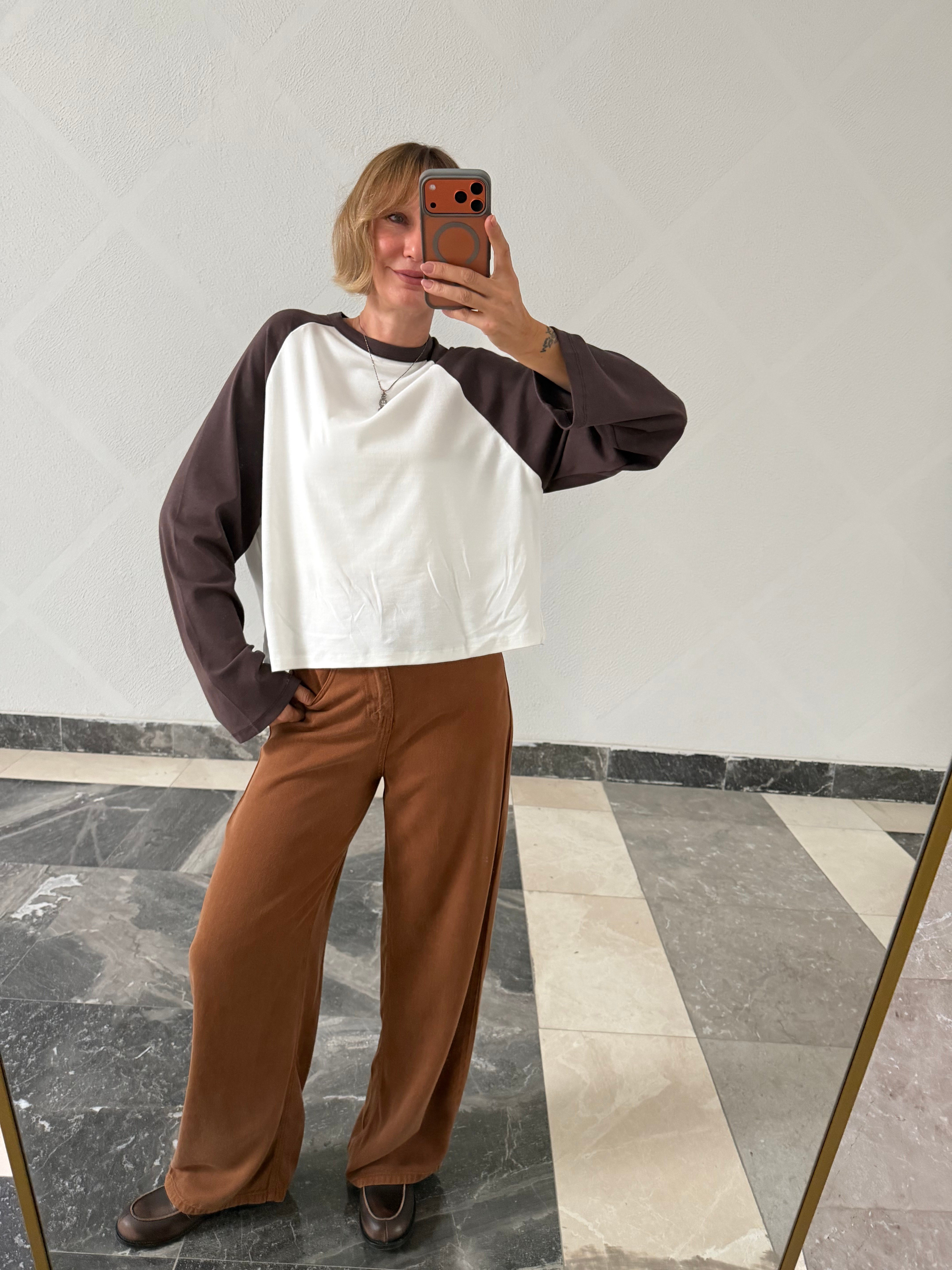 Kahve Beyaz Uzun Kollu Basic