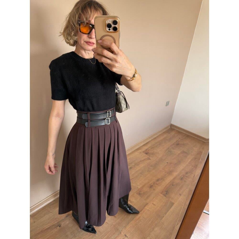 Kahve Çift Kemer Detaylı Etek 