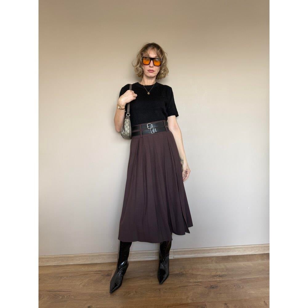 Kahve Çift Kemer Detaylı Etek 