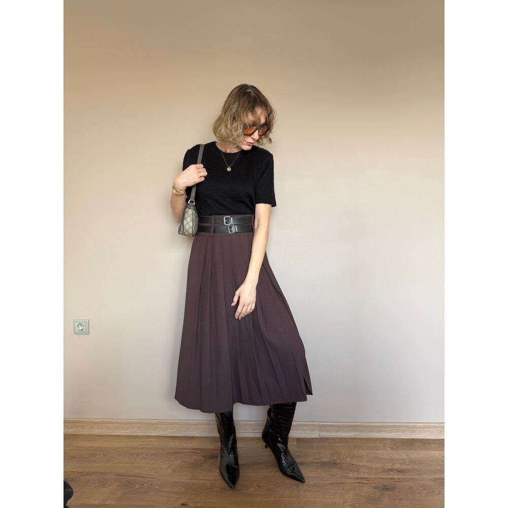 Kahve Çift Kemer Detaylı Etek 