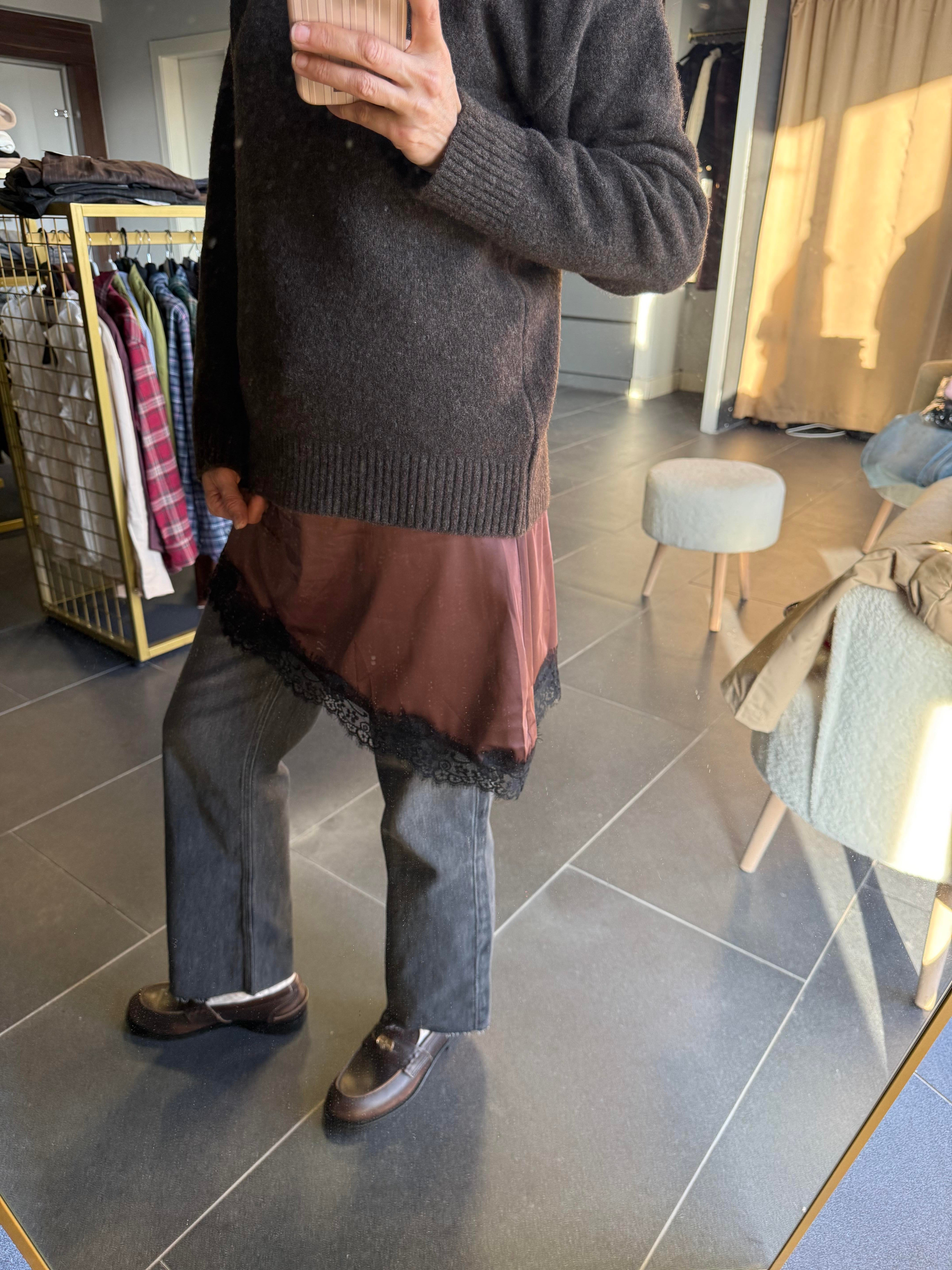 Kahve Dantel Saten Elbise