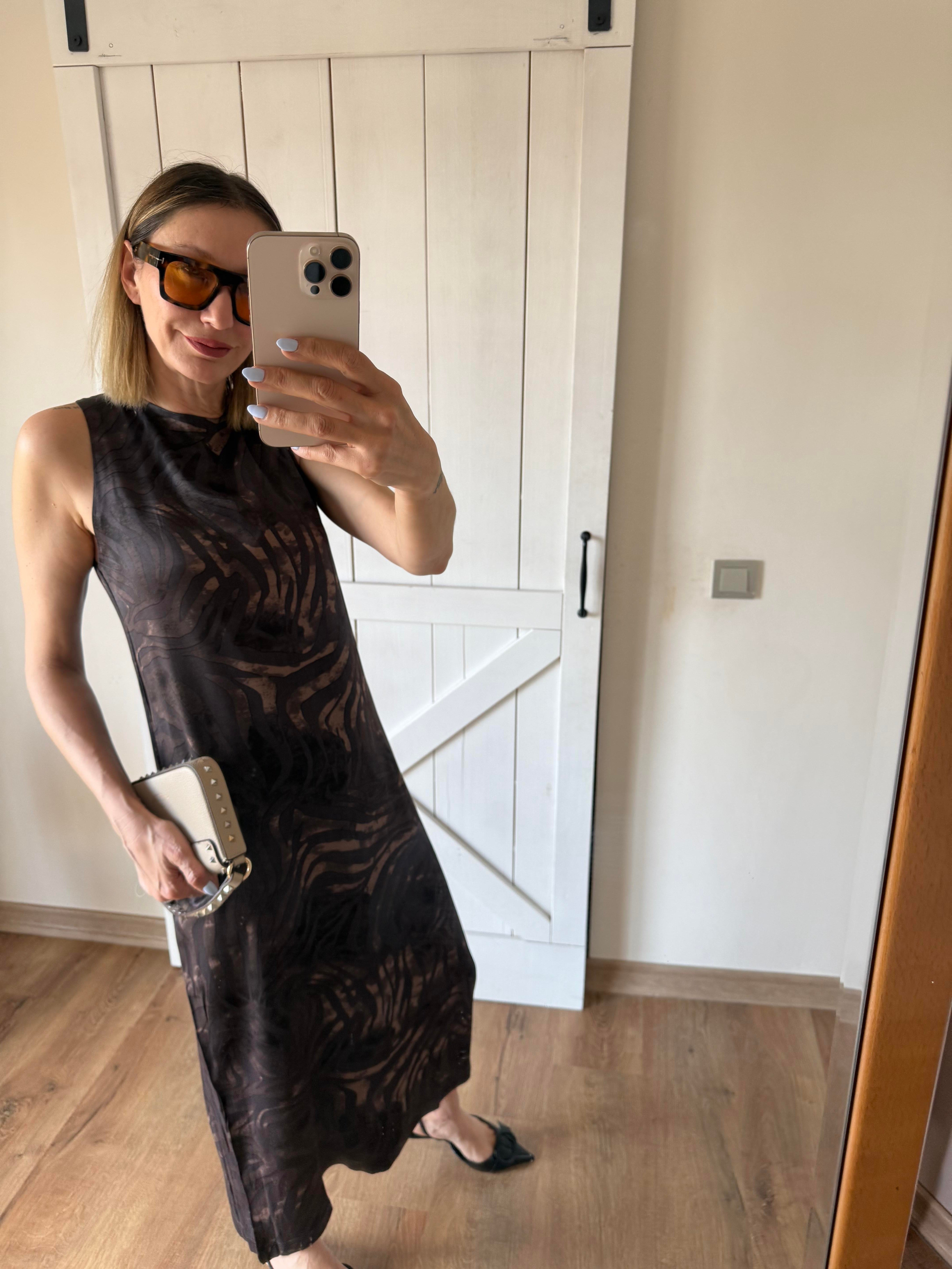 Kahve Desenli Midi Boy Elbise