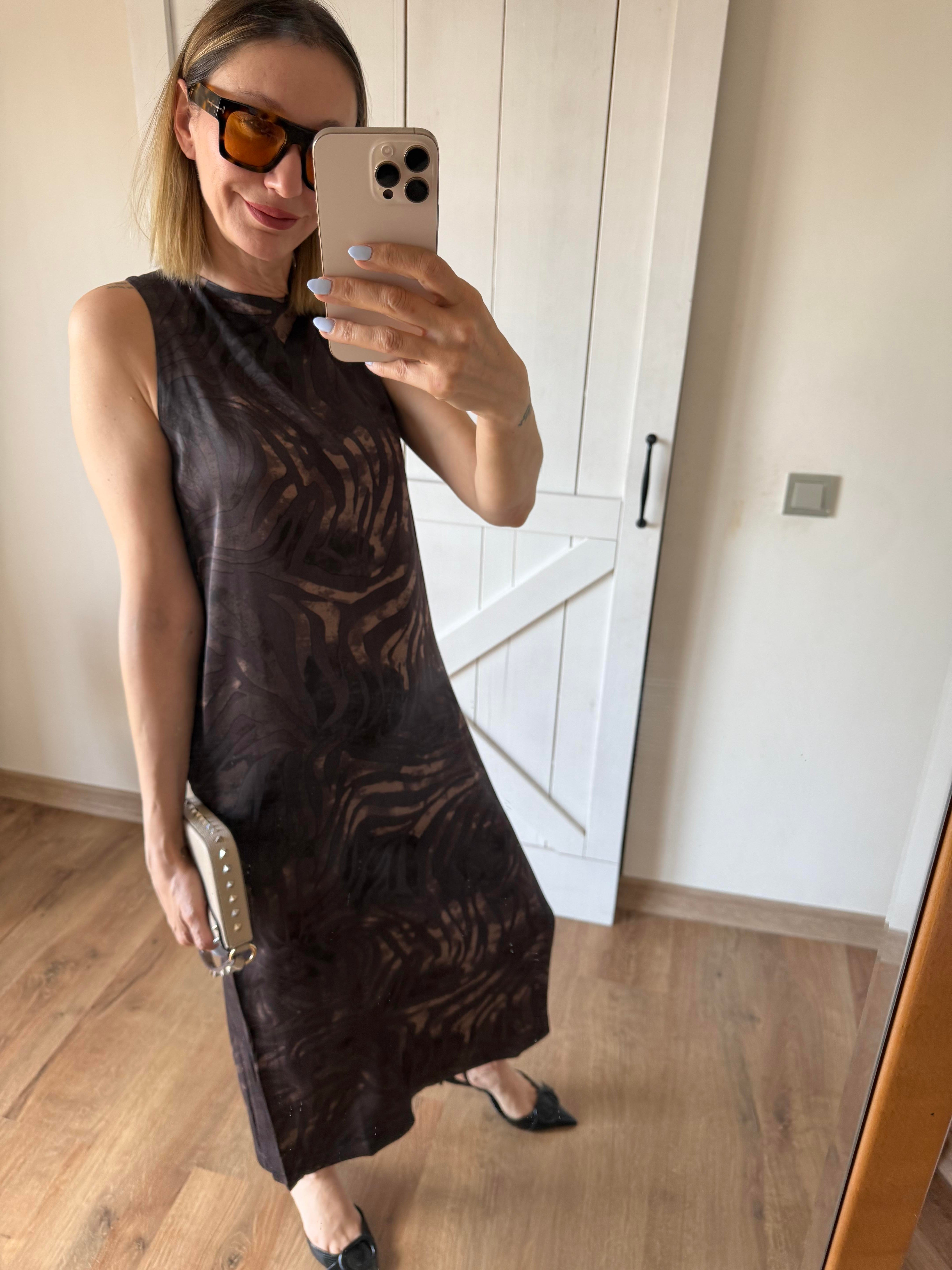 Kahve Desenli Midi Boy Elbise