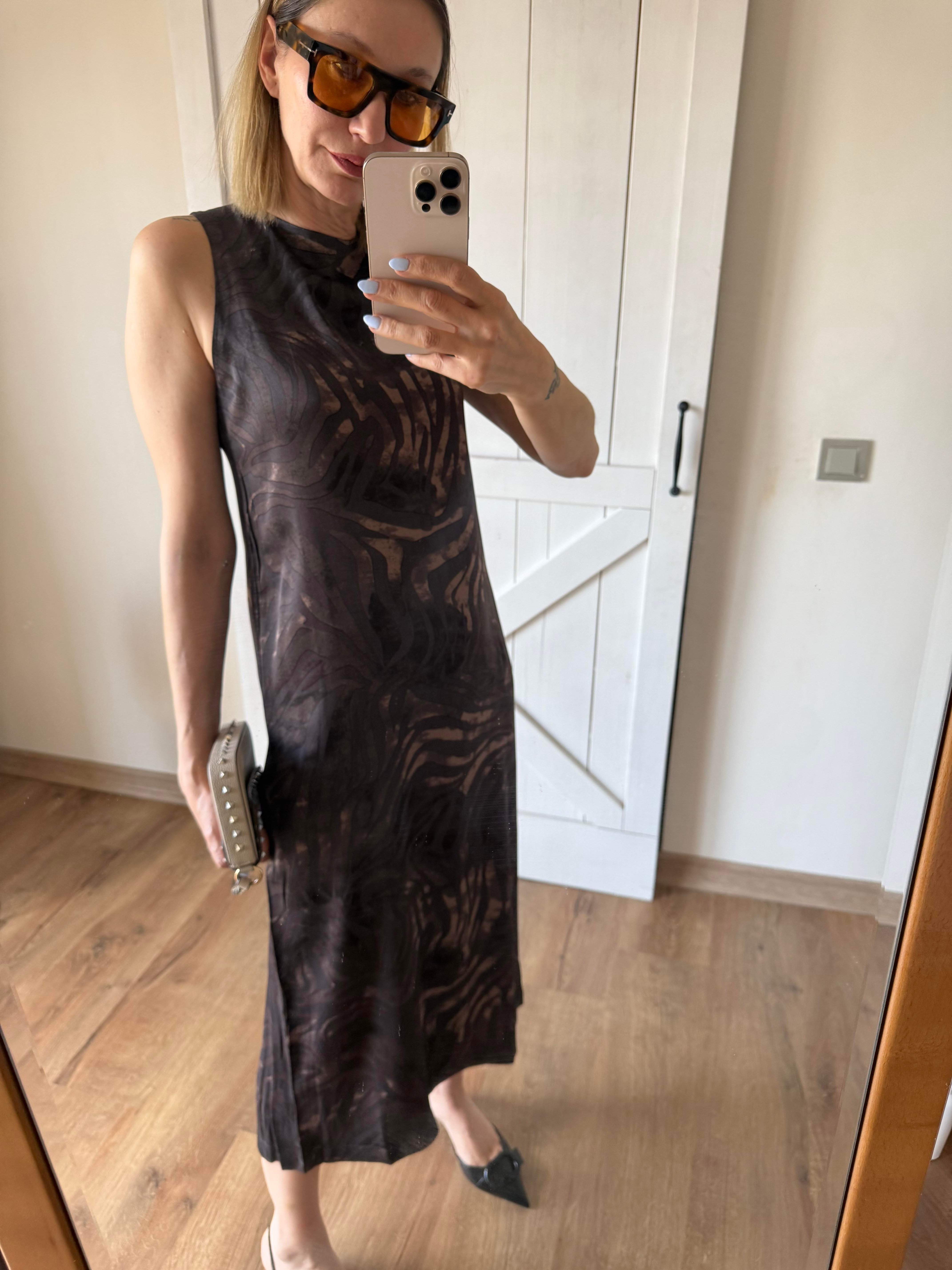 Kahve Desenli Midi Boy Elbise