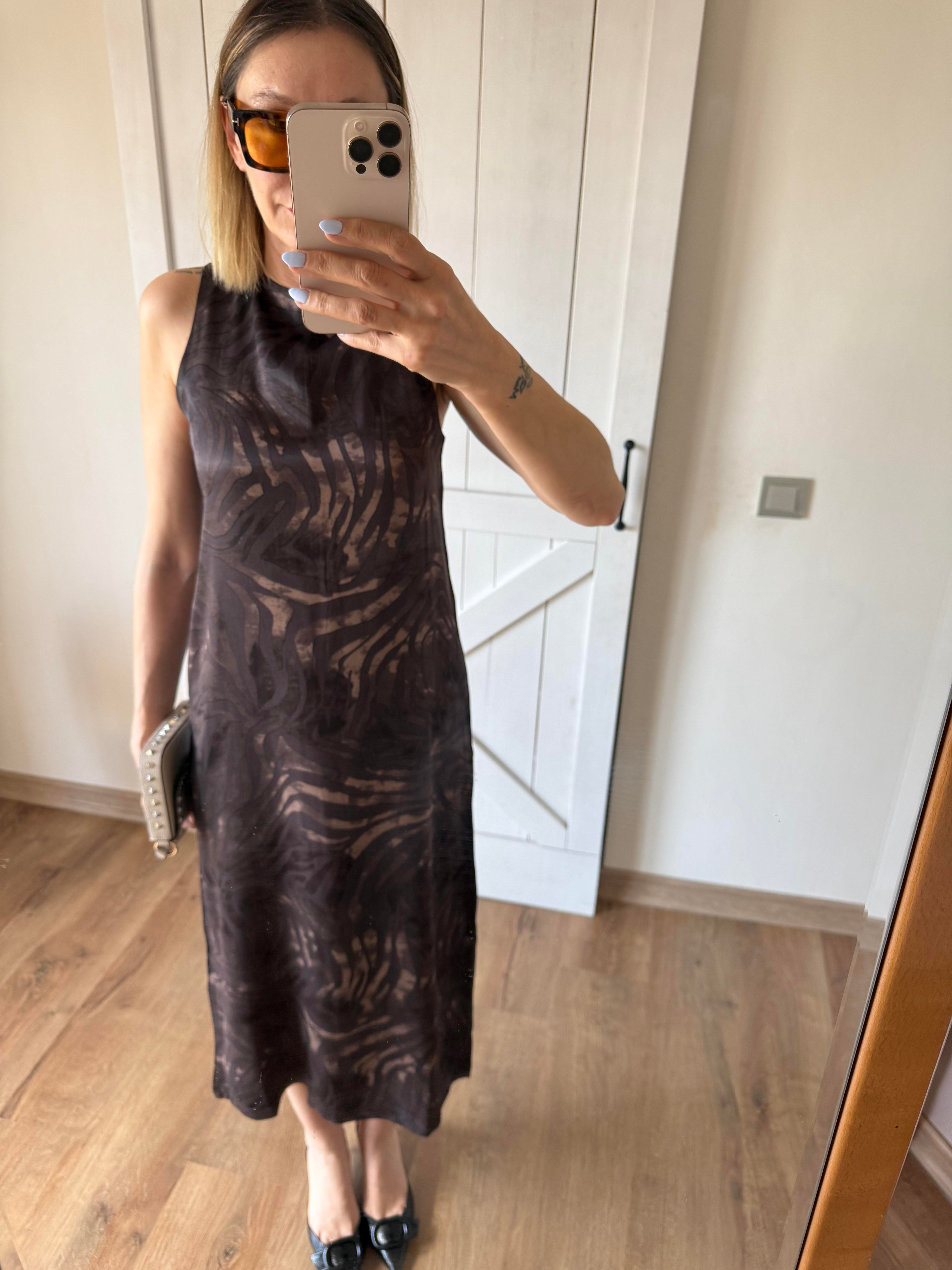 Kahve Desenli Midi Boy Elbise