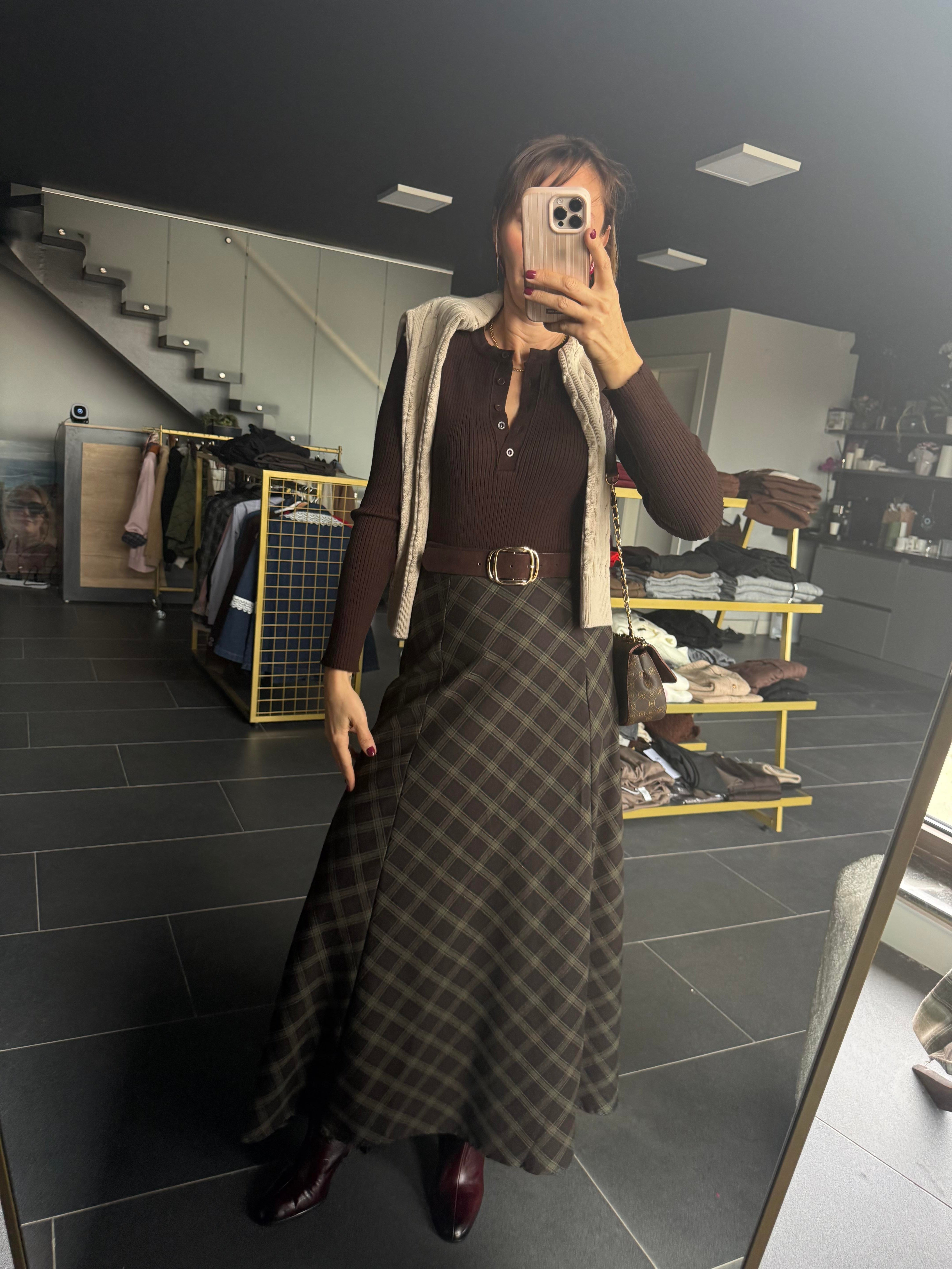 Kahve Ekose Uzun Etek