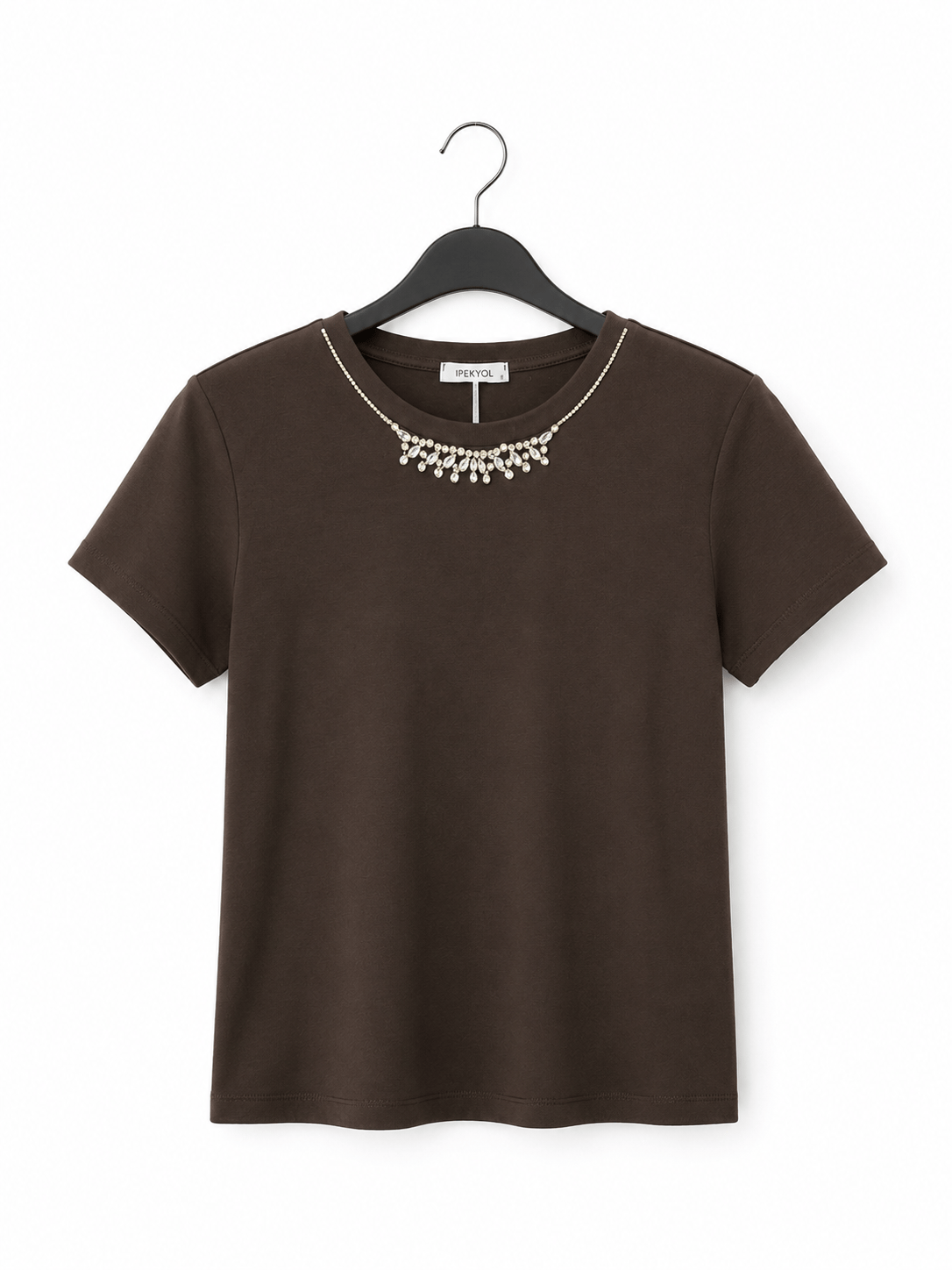 Kahve İpkyl Taşlı Tshirt