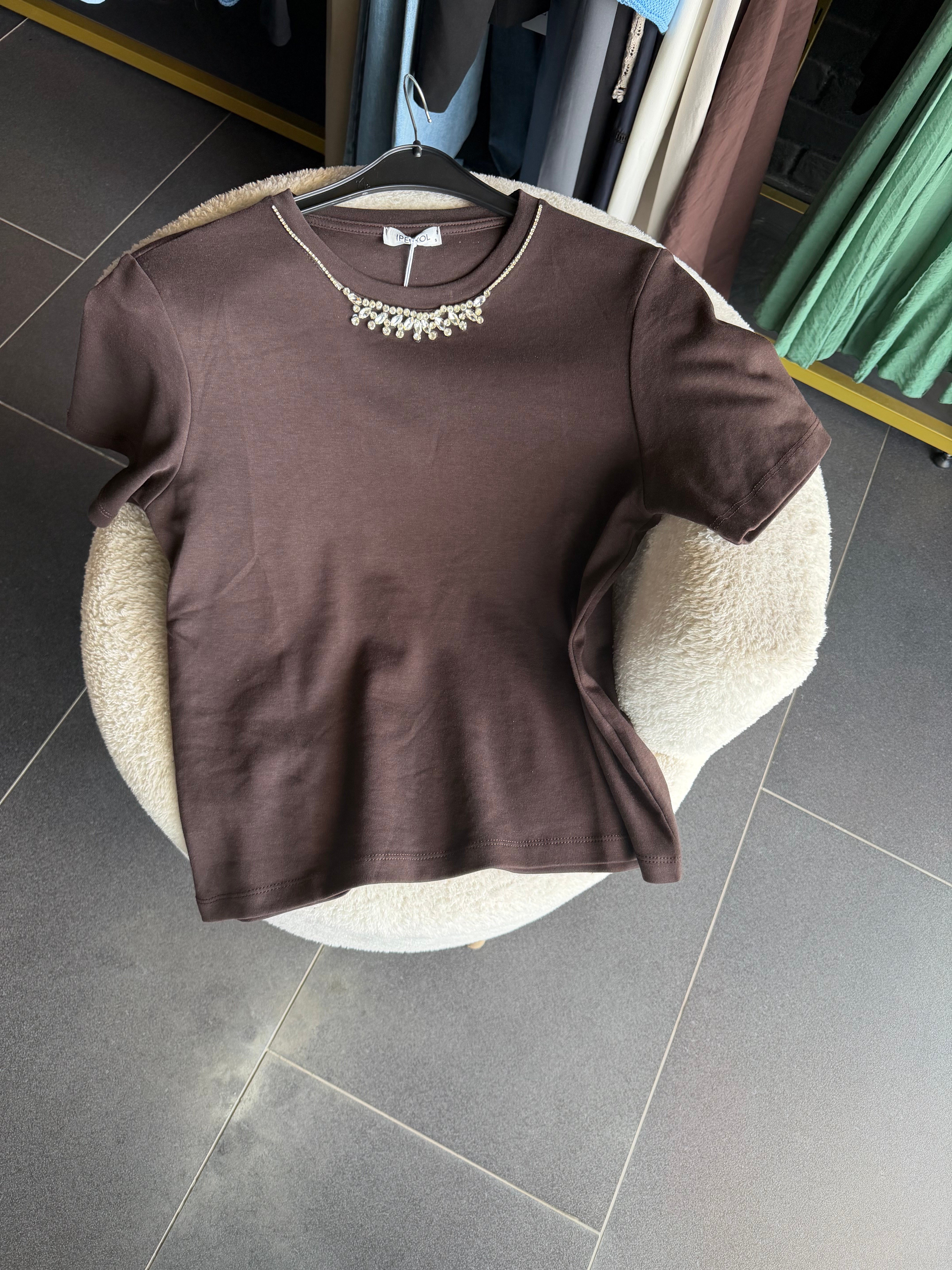 Kahve İpkyl Taşlı Tshirt