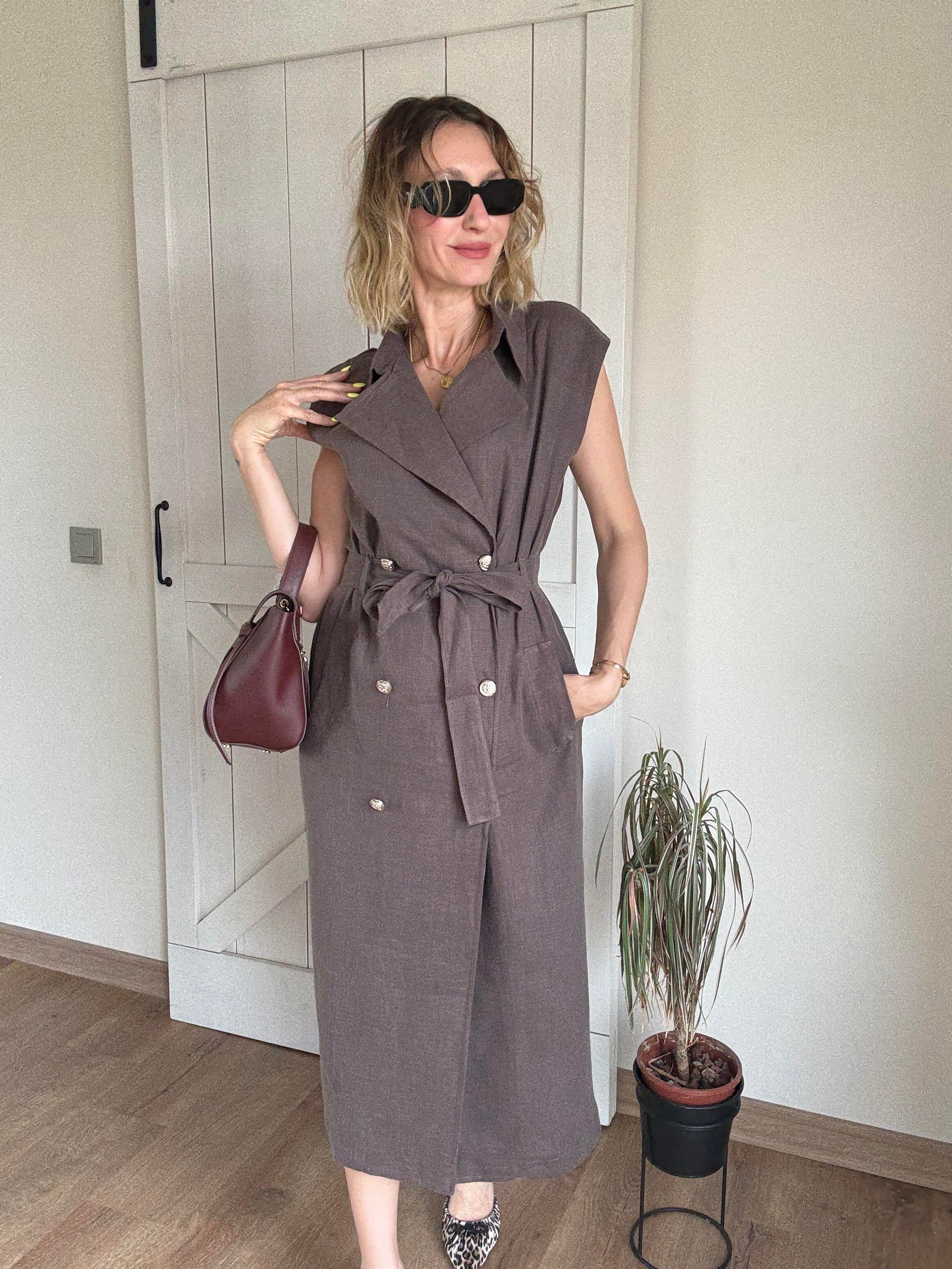 Kahve Krem Vintage Düğmeli Keten Elbise