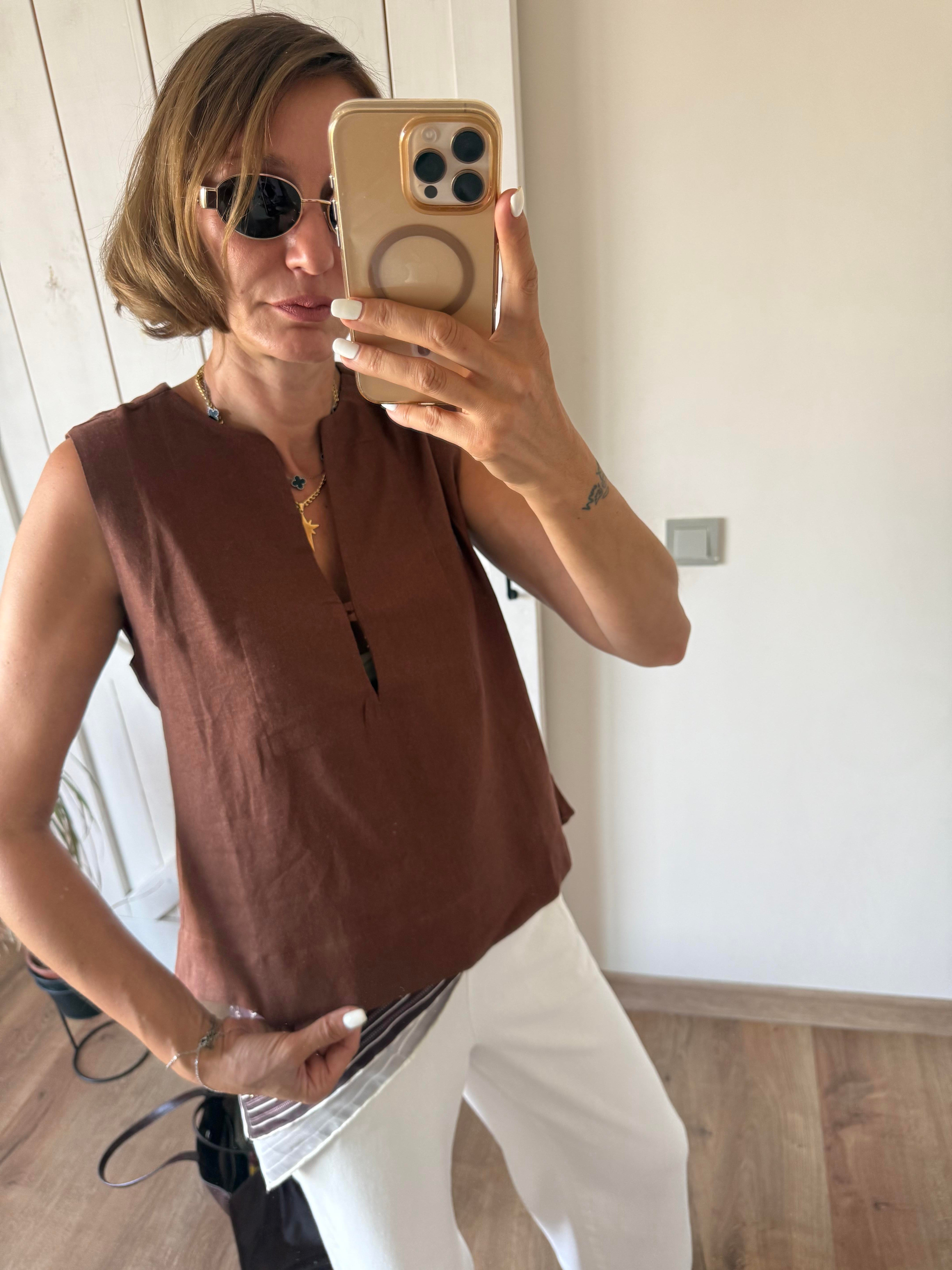 Kahve Massi Keten Bluz