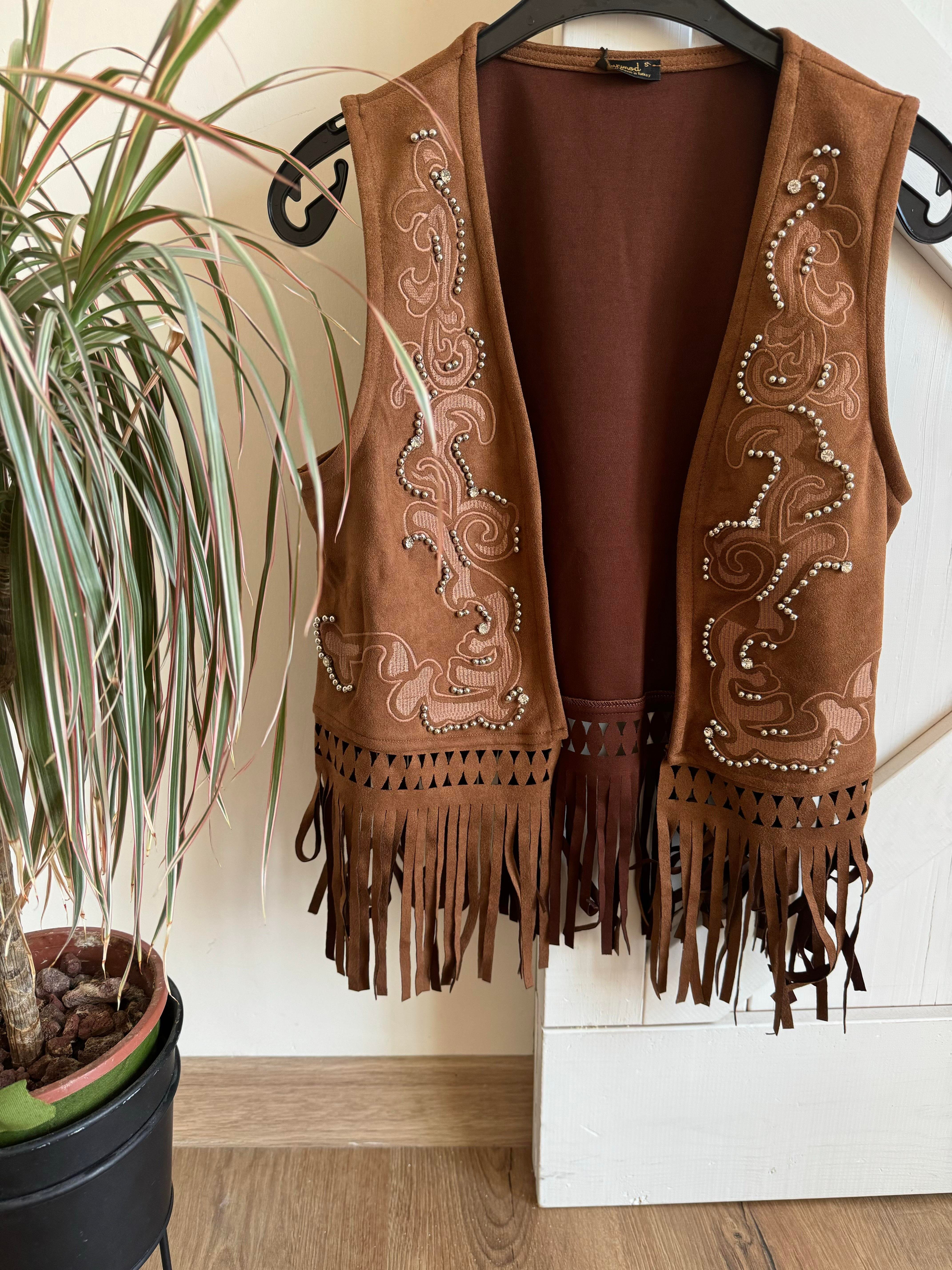 Kahve Nakışlı Taş Baskılı Püskül Detaylı Süet Yelek