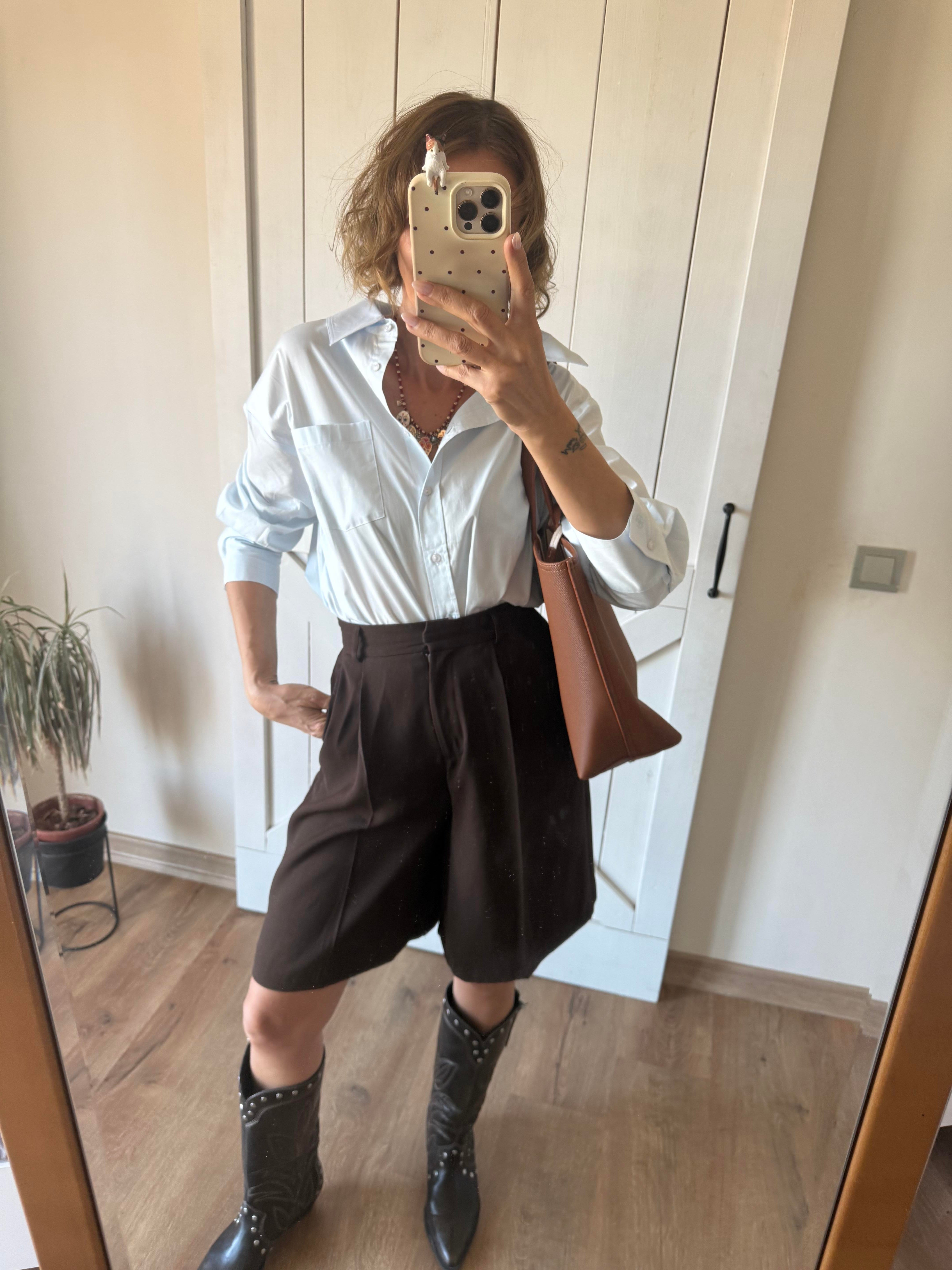 Kahve Pens Detaylı Yüksek Bel Şor