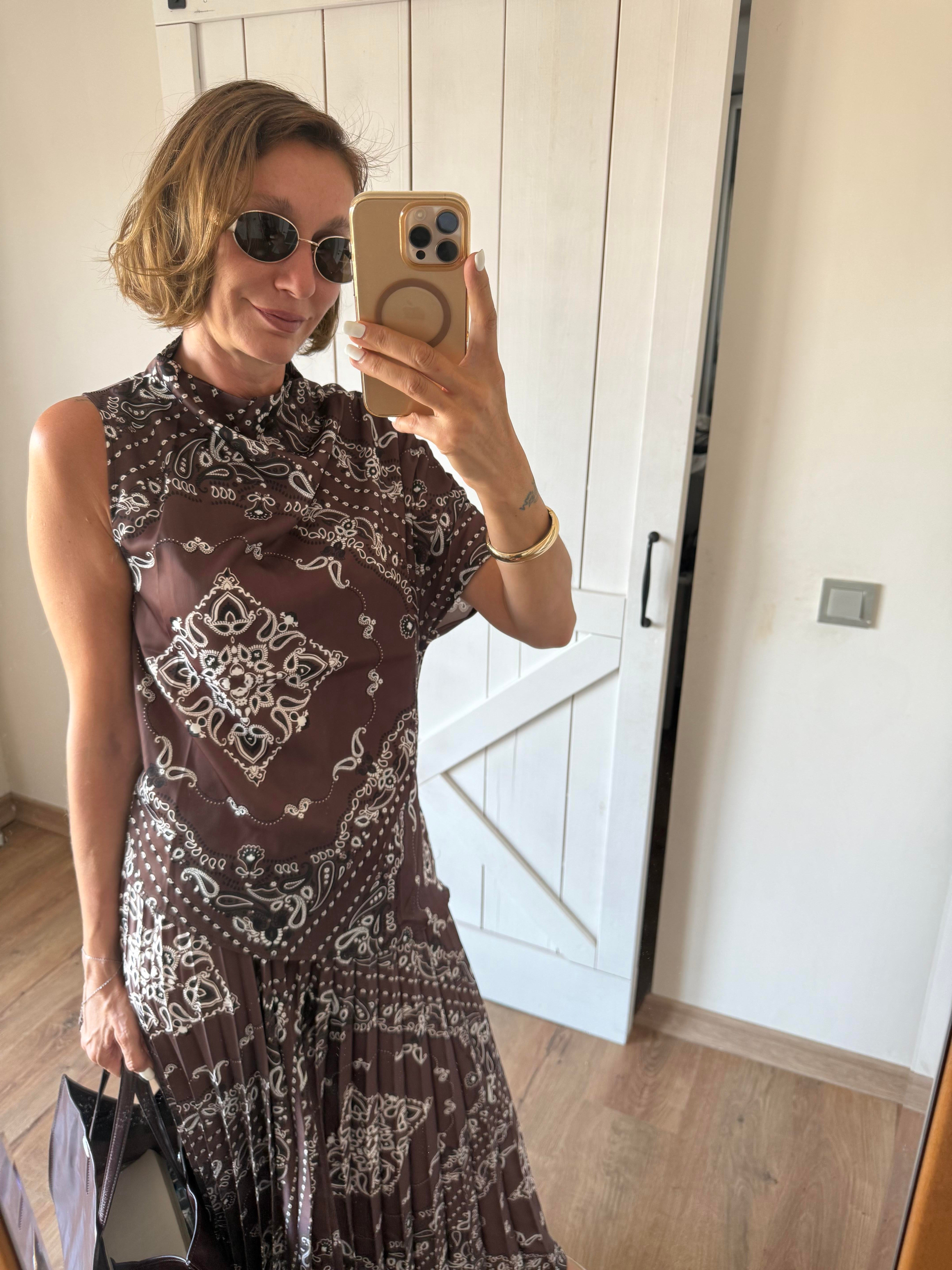 Kahve Şal Desen Asimetrik Kesim Bluz Saten Takım