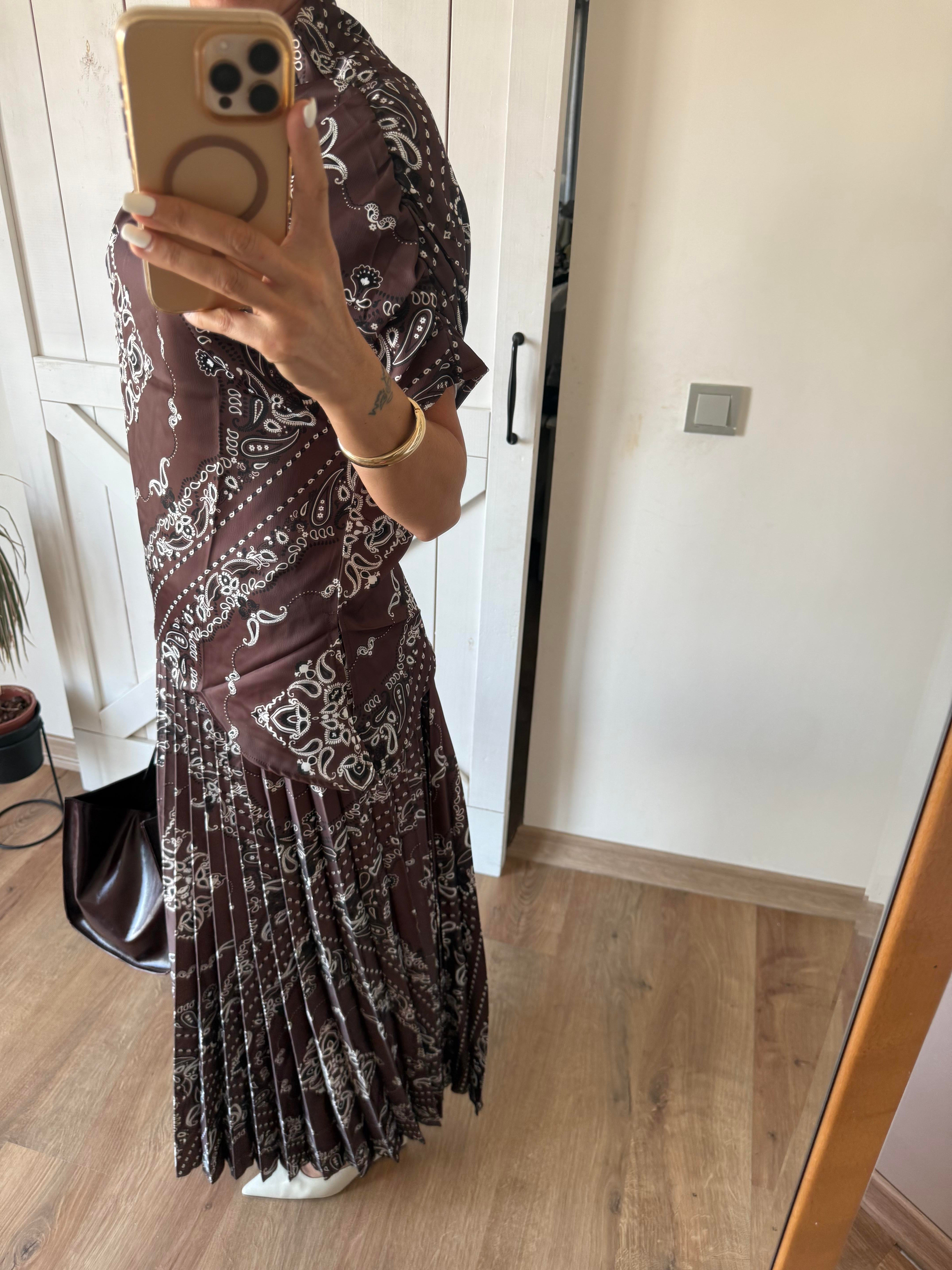 Kahve Şal Desen Asimetrik Kesim Bluz Saten Takım